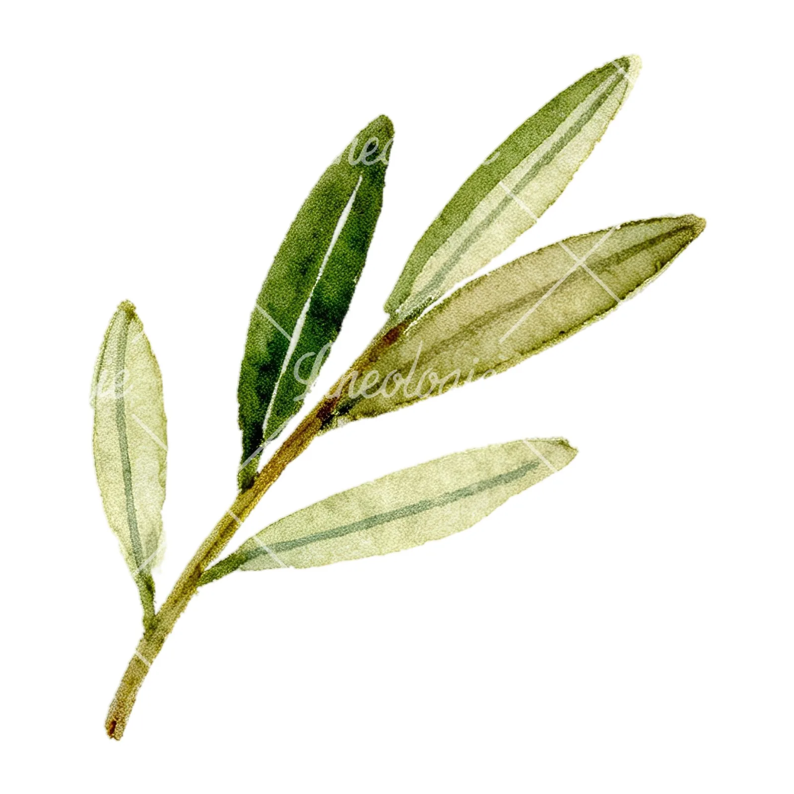 Watercolor olive branch with slender leaves clipart 4 of 12 on a white background (JPG)