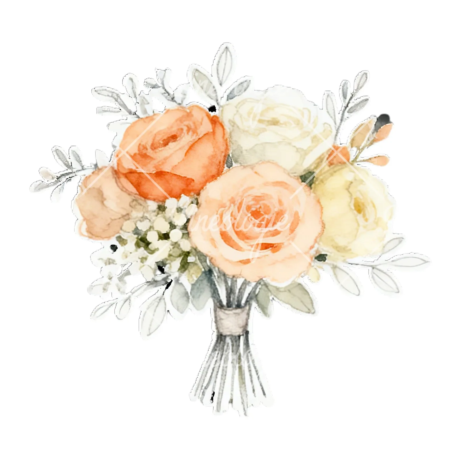 Watercolor peach and ivory wedding bouquet clipart 1 of 12 on a white background (JPG)