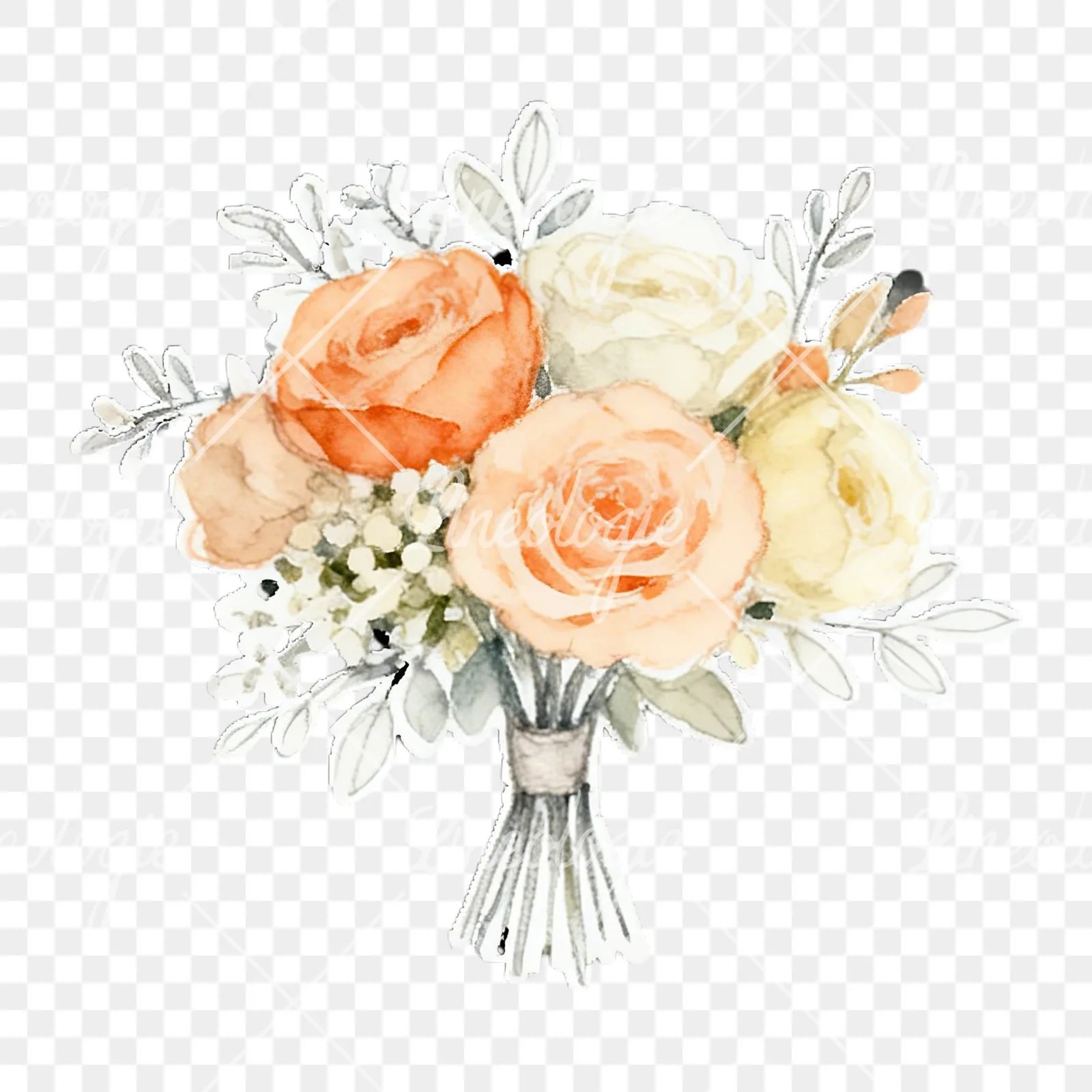 Watercolor peach and ivory wedding bouquet clipart 1 of 12 on a transparent background (PNG)