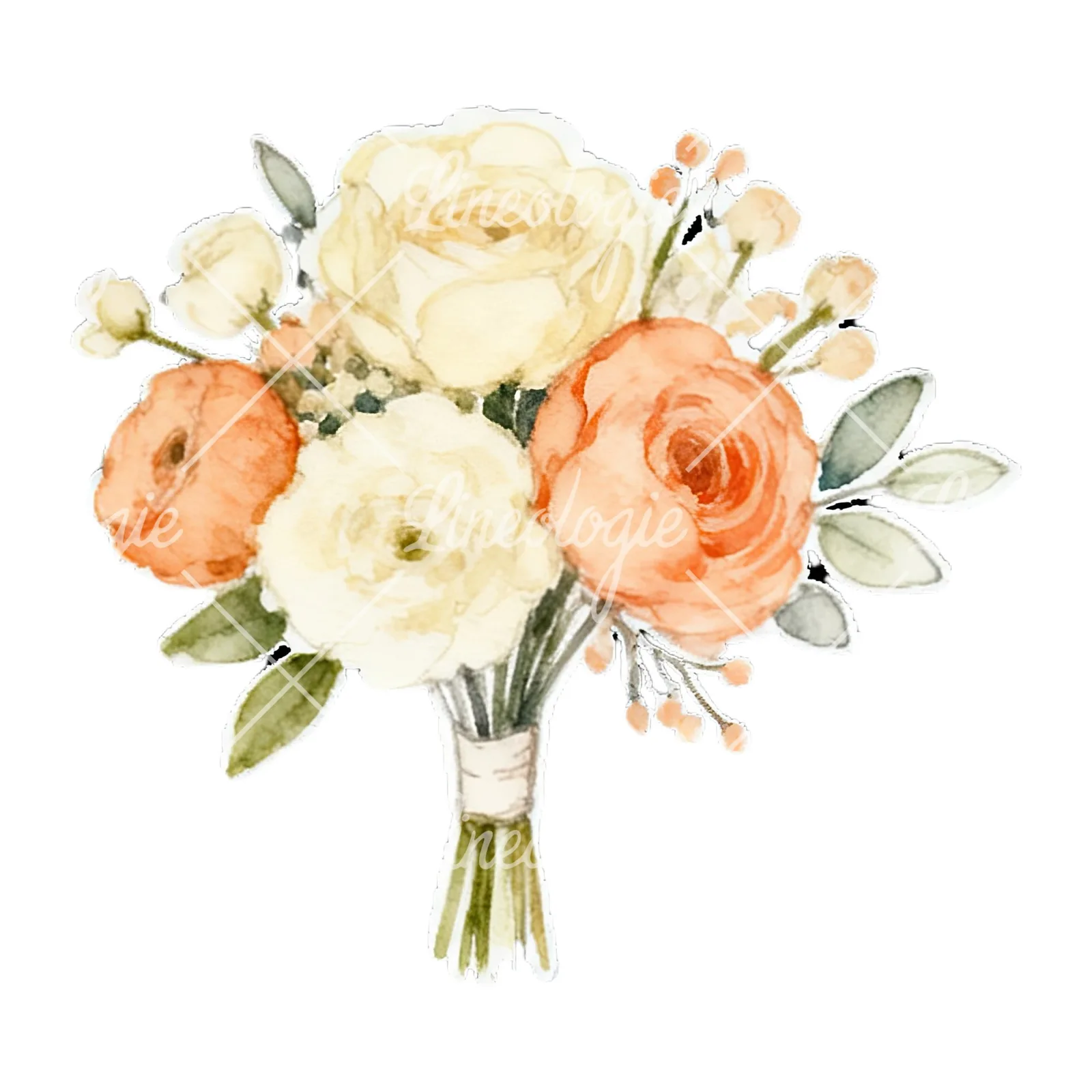 Watercolor peach and ivory wedding bouquet clipart 2 of 12 on a white background (JPG)