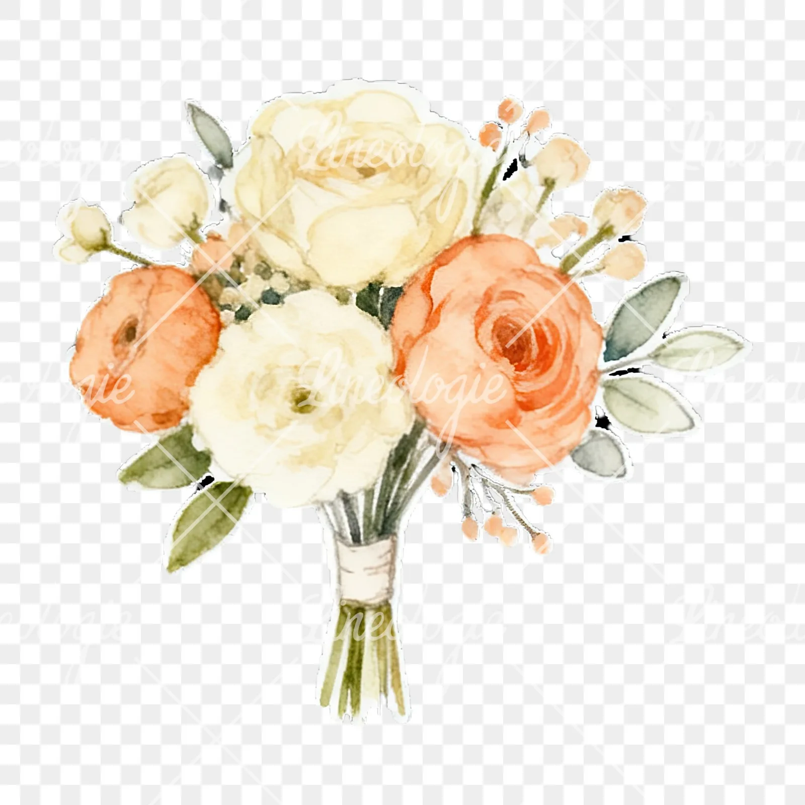 Watercolor peach and ivory wedding bouquet clipart 2 of 12 on a transparent background (PNG)