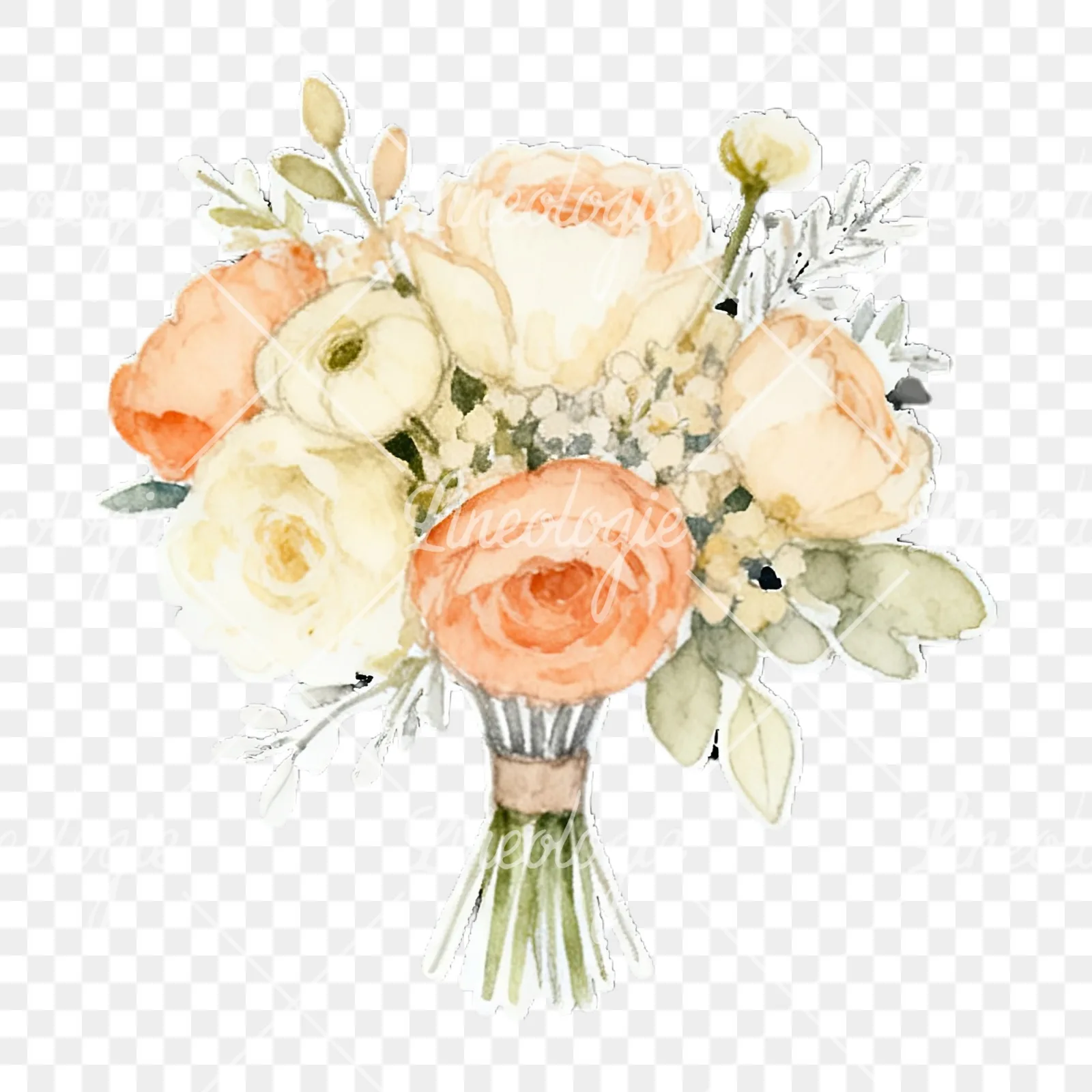 Watercolor peach and ivory wedding bouquet clipart 3 of 12 on a transparent background (PNG)