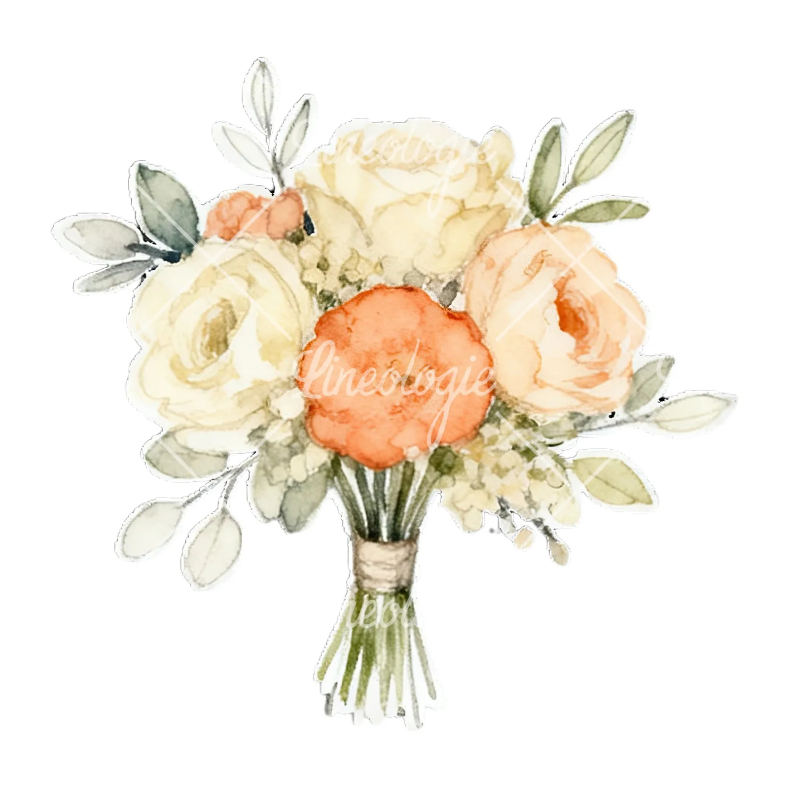 Watercolor peach and ivory wedding bouquet clipart 4 of 12 on a white background (JPG)