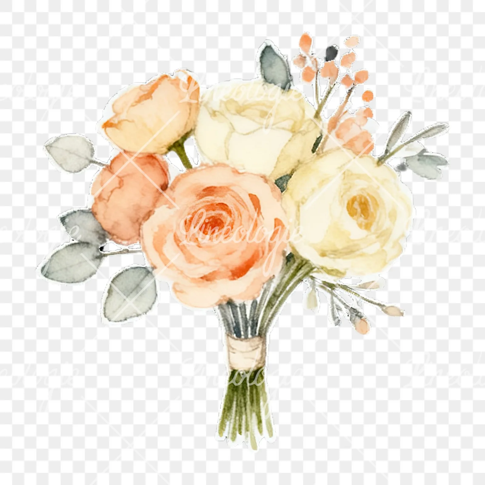 Watercolor peach and ivory wedding bouquet clipart 5 of 12 on a transparent background (PNG)