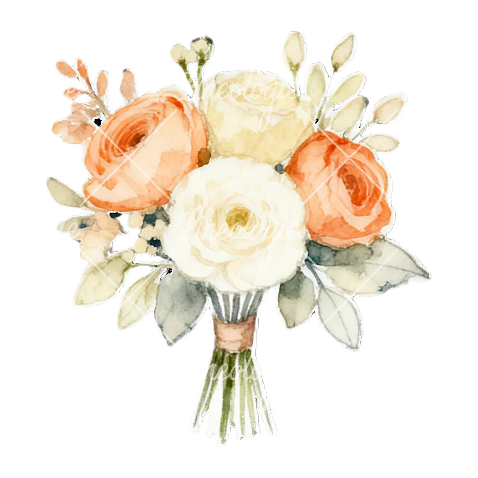 Watercolor peach and ivory wedding bouquet clipart 6 of 12 on a white background (JPG)
