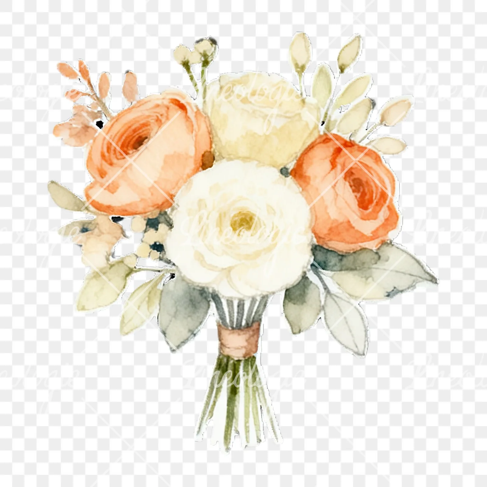 Watercolor peach and ivory wedding bouquet clipart 6 of 12 on a transparent background (PNG)