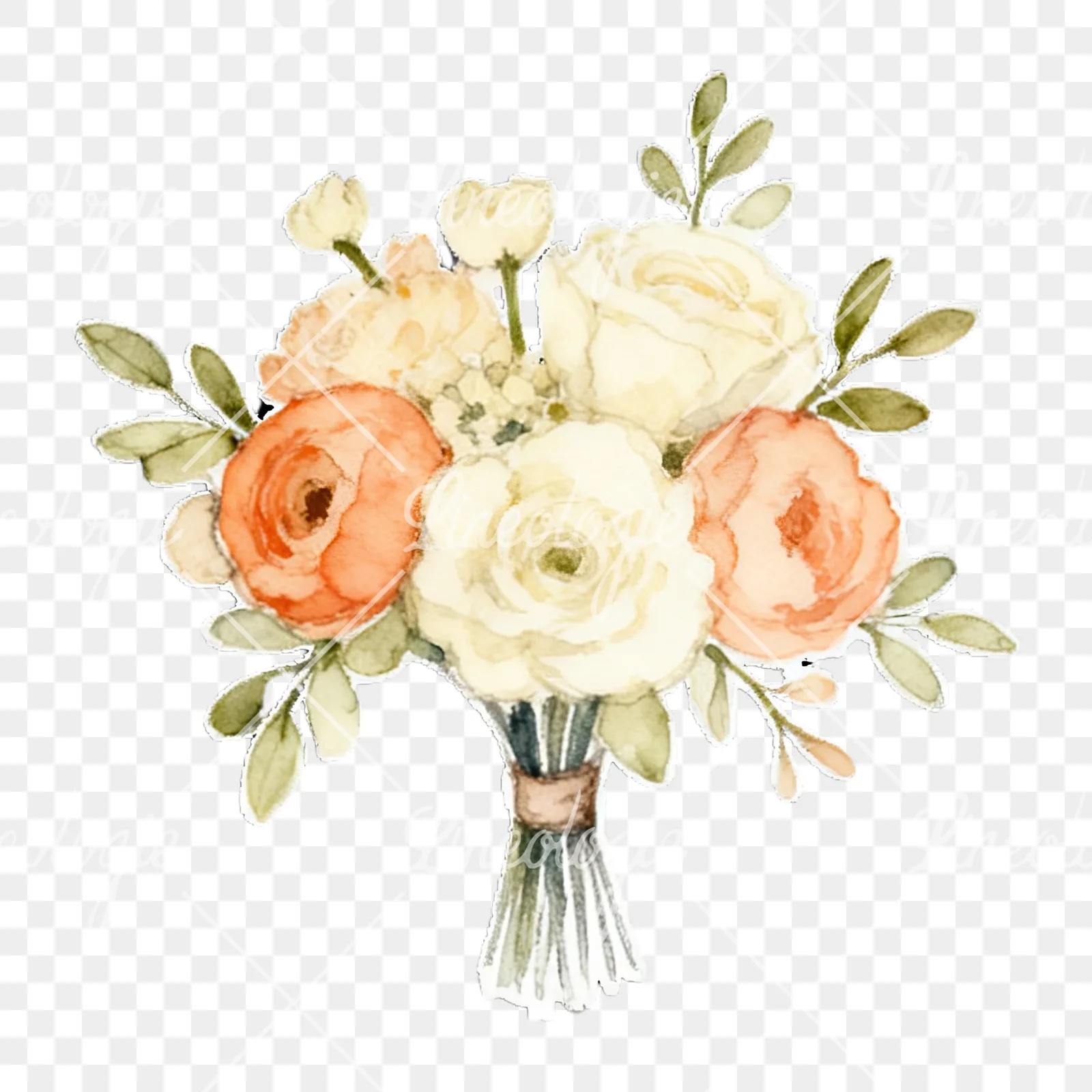 Watercolor peach and ivory wedding bouquet clipart 7 of 12 on a transparent background (PNG)