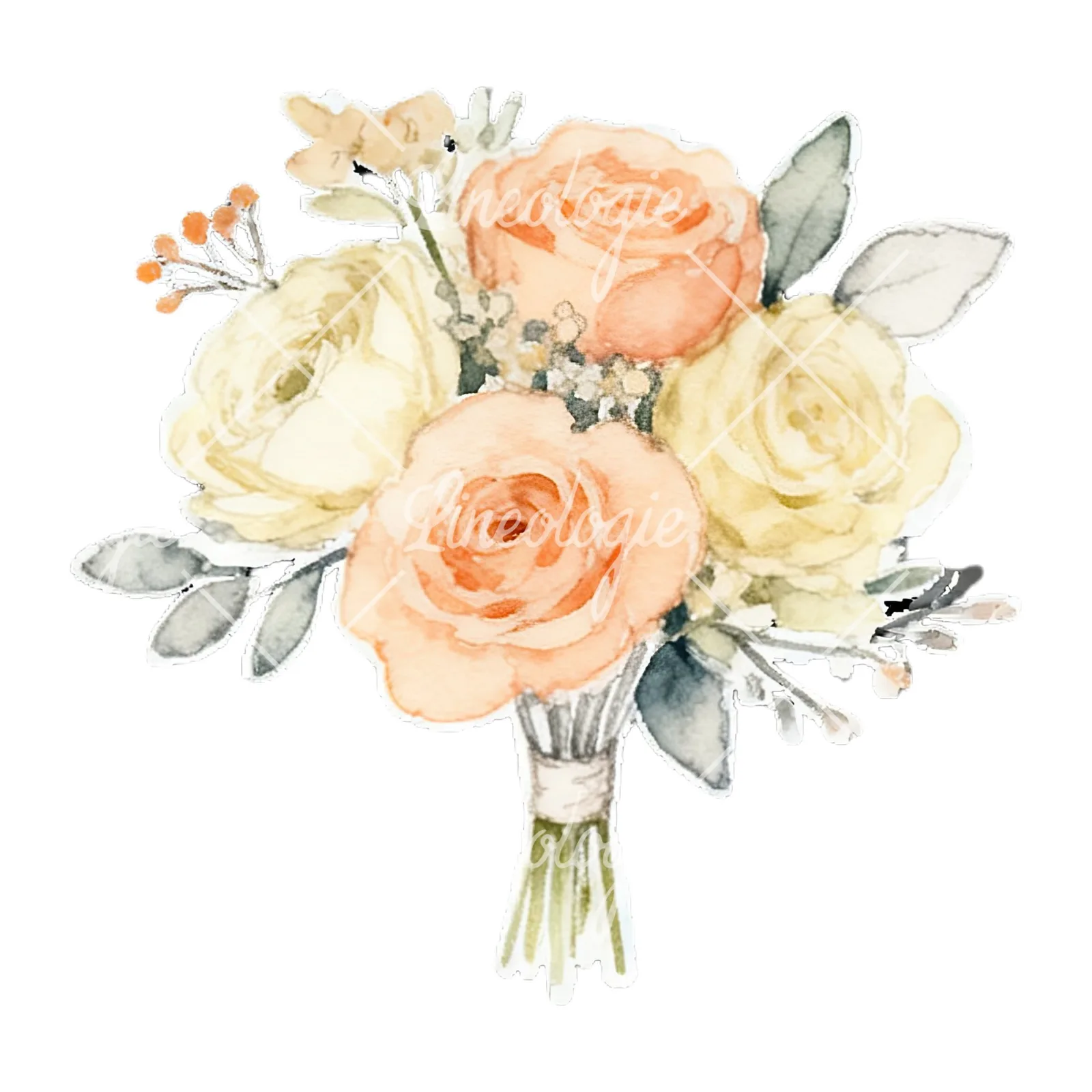 Watercolor peach and ivory wedding bouquet clipart 8 of 12 on a white background (JPG)