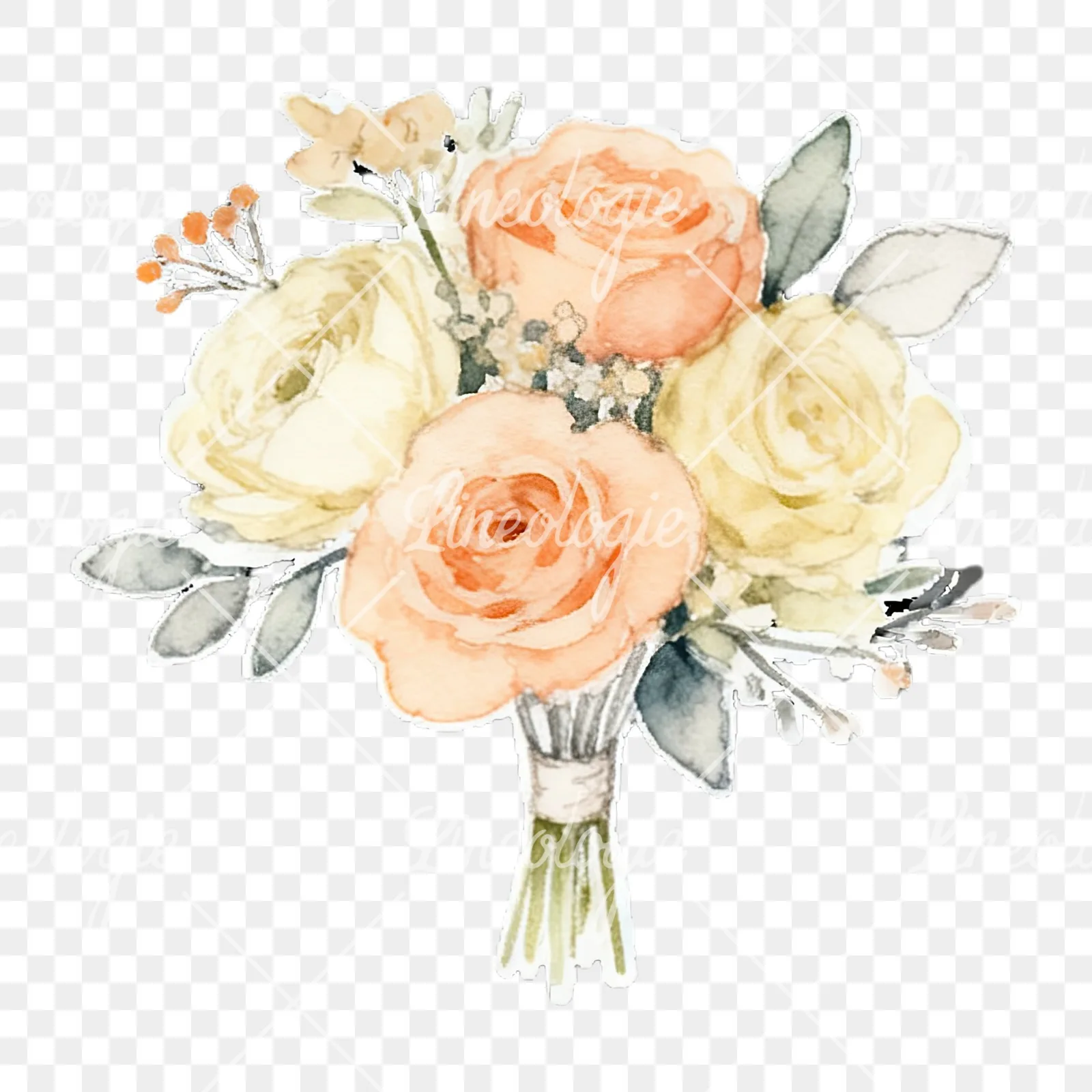 Watercolor peach and ivory wedding bouquet clipart 8 of 12 on a transparent background (PNG)
