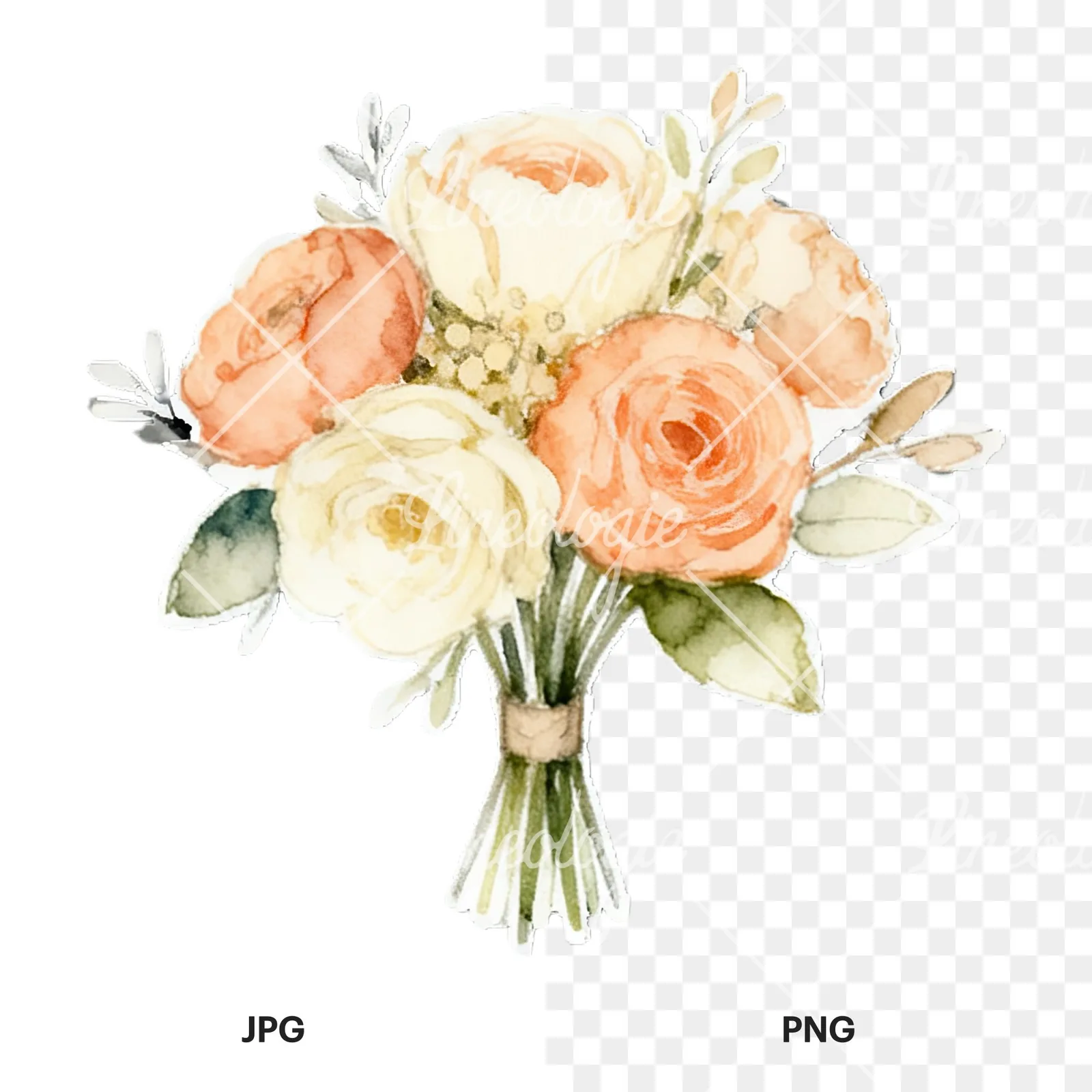 Watercolor peach and ivory wedding bouquet clipart 9 of 12, as a JPG on white and a transparent PNG