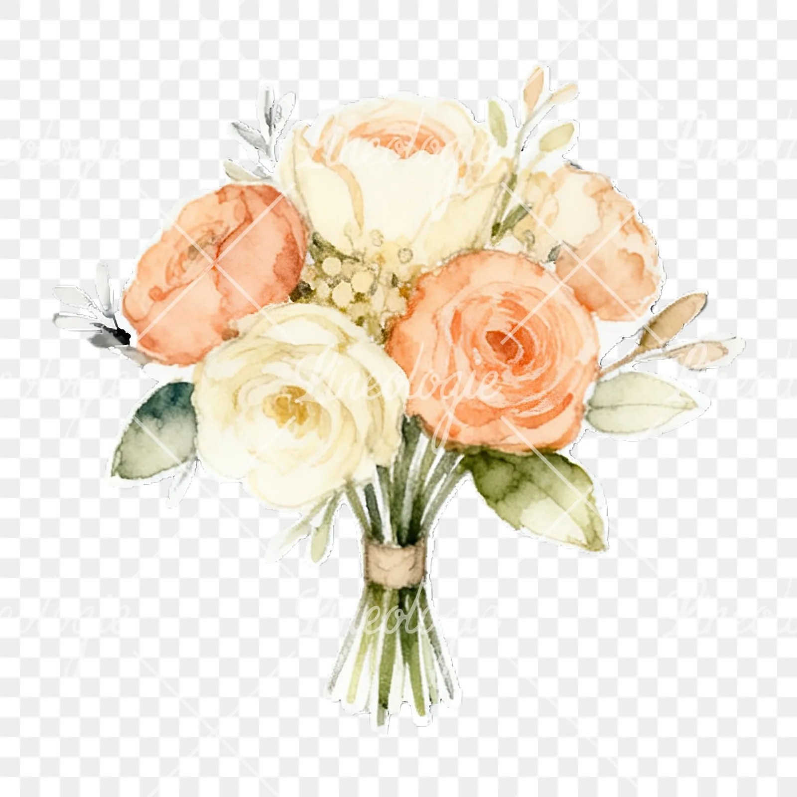 Watercolor peach and ivory wedding bouquet clipart 9 of 12 on a transparent background (PNG)