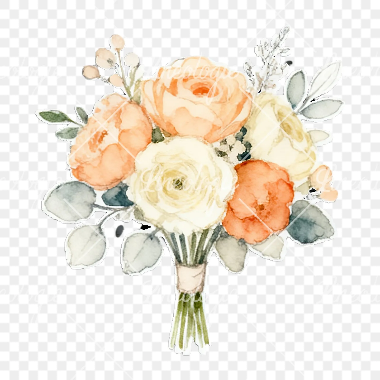 Watercolor peach and ivory wedding bouquet clipart 10 of 12 on a transparent background (PNG)