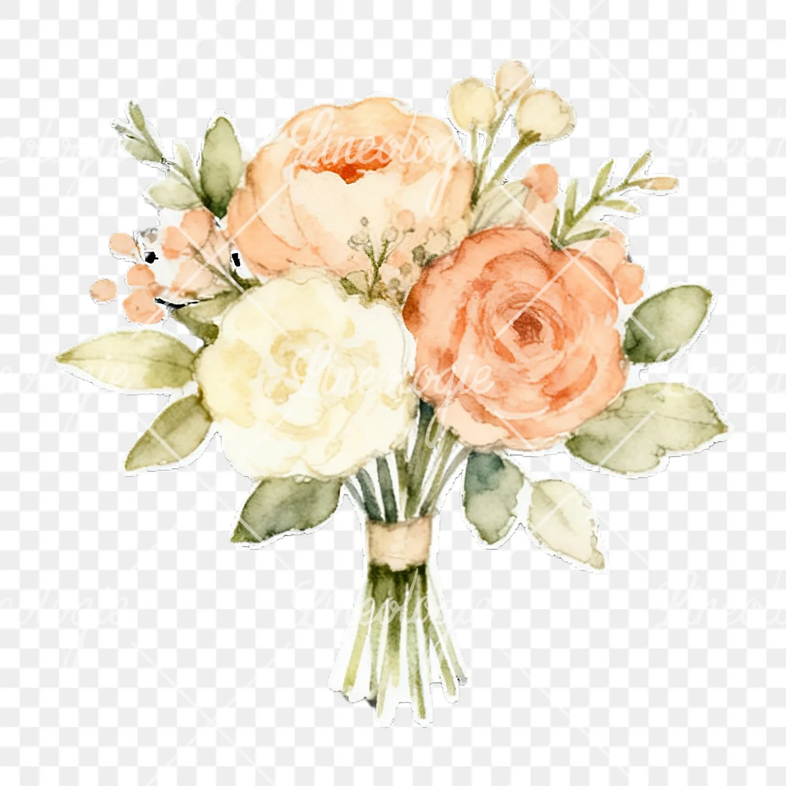 Watercolor peach and ivory wedding bouquet clipart 11 of 12 on a transparent background (PNG)