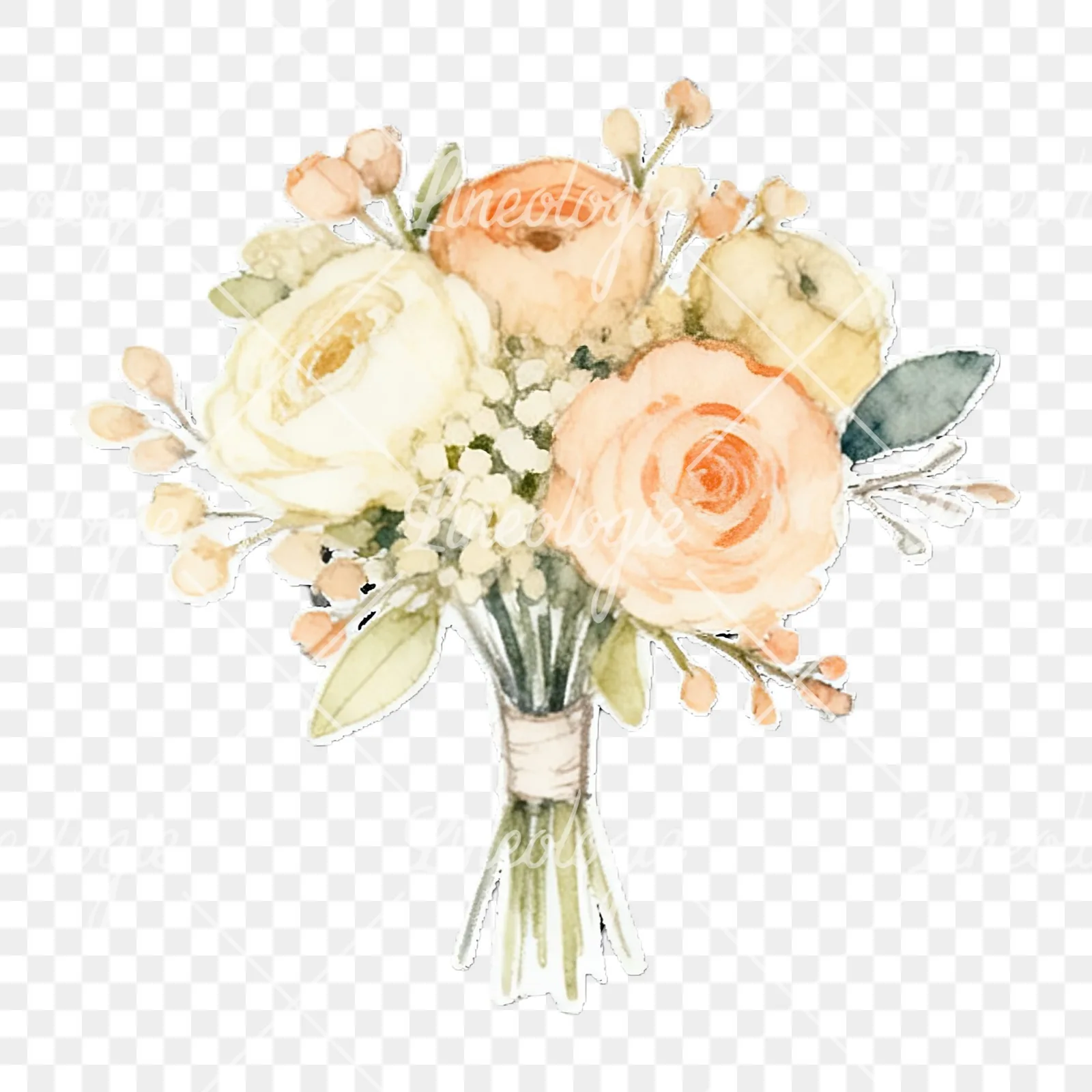 Watercolor peach and ivory wedding bouquet clipart 12 of 12 on a transparent background (PNG)