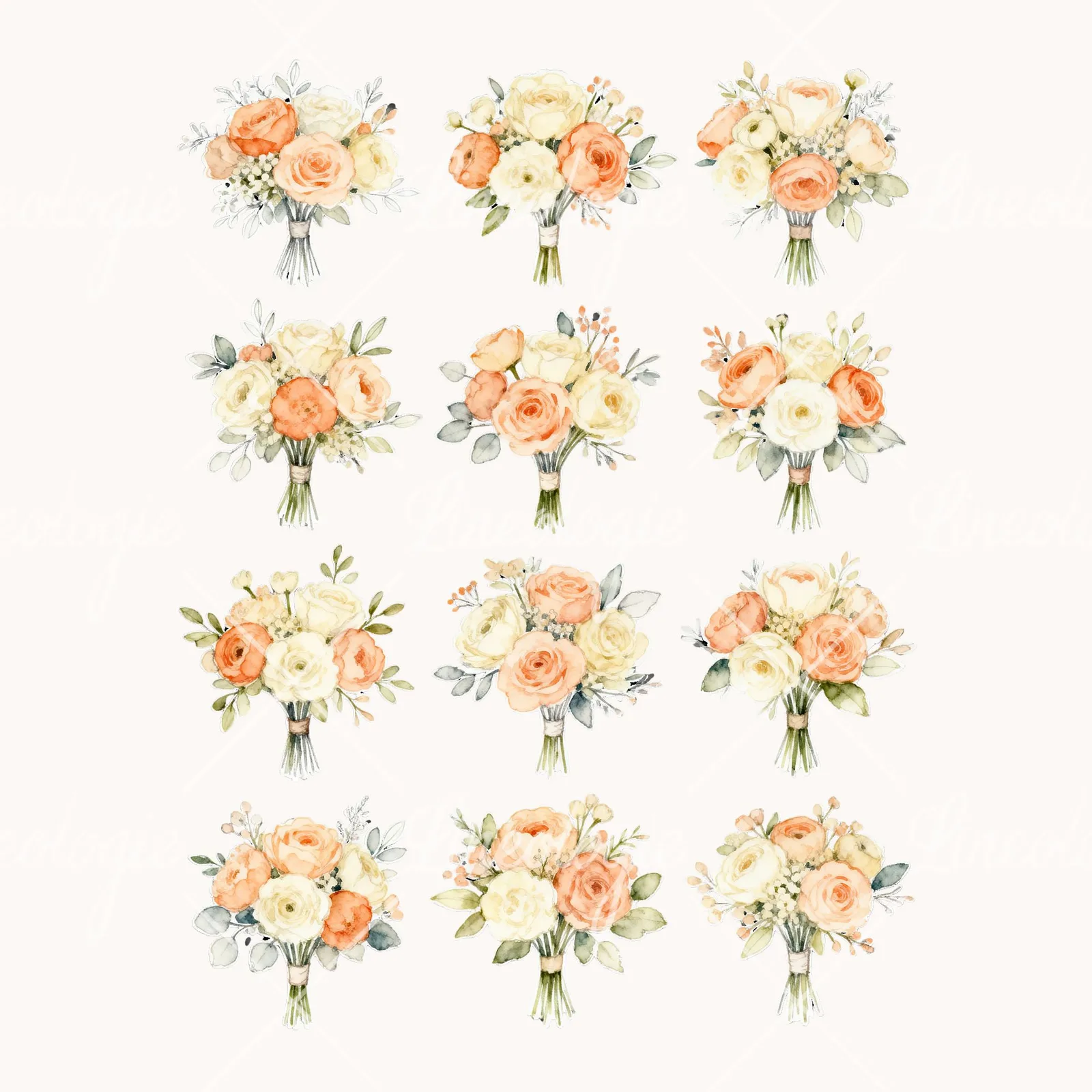 Watercolor Peach and Ivory Wedding Bouquet Clipart, all 12 illustrations in the pack
