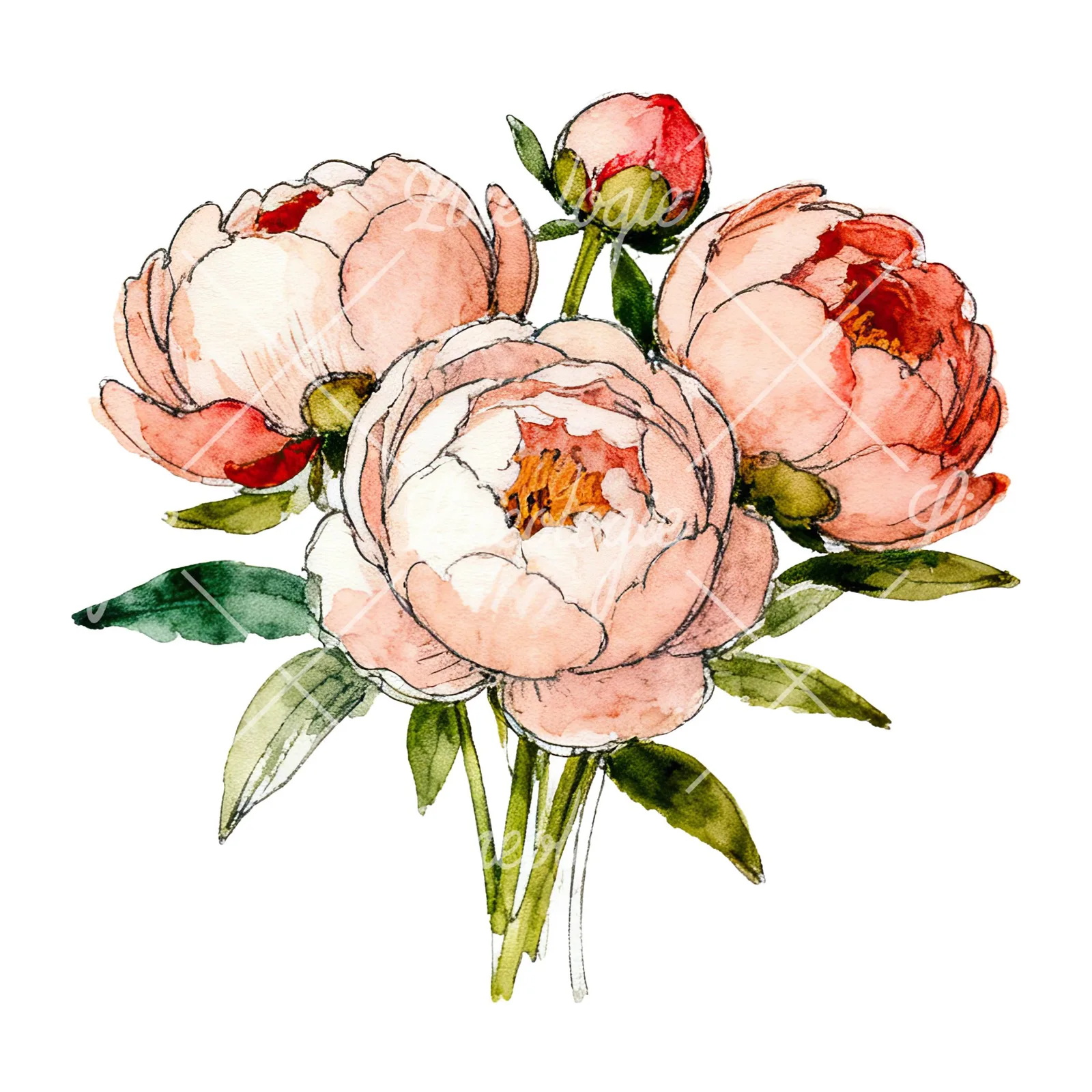 Watercolor pink and red peony bouquet clipart 1 of 12 on a white background (JPG)