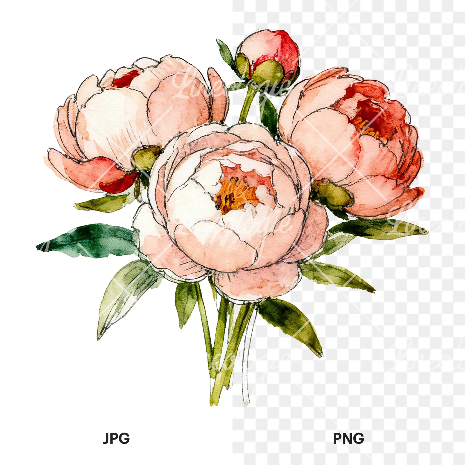 Watercolor pink and red peony bouquet clipart 1 of 12, as a JPG on white and a transparent PNG