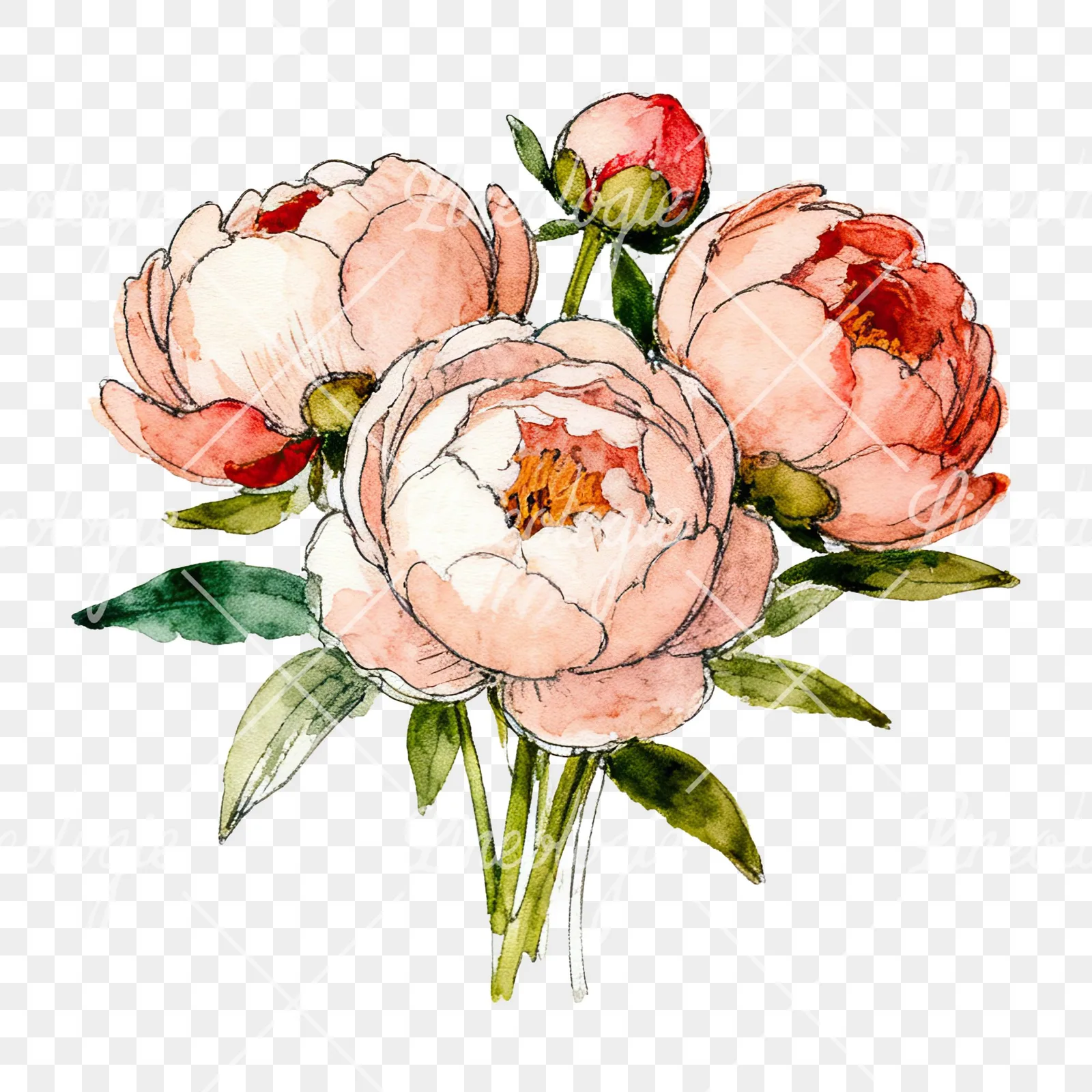 Watercolor pink and red peony bouquet clipart 1 of 12 on a transparent background (PNG)