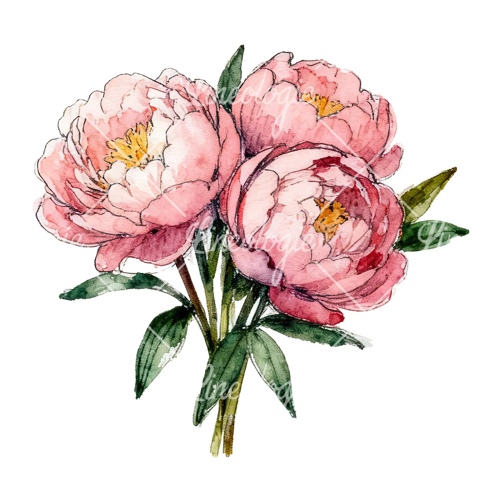 Watercolor pink and red peony bouquet clipart 2 of 12 on a white background (JPG)