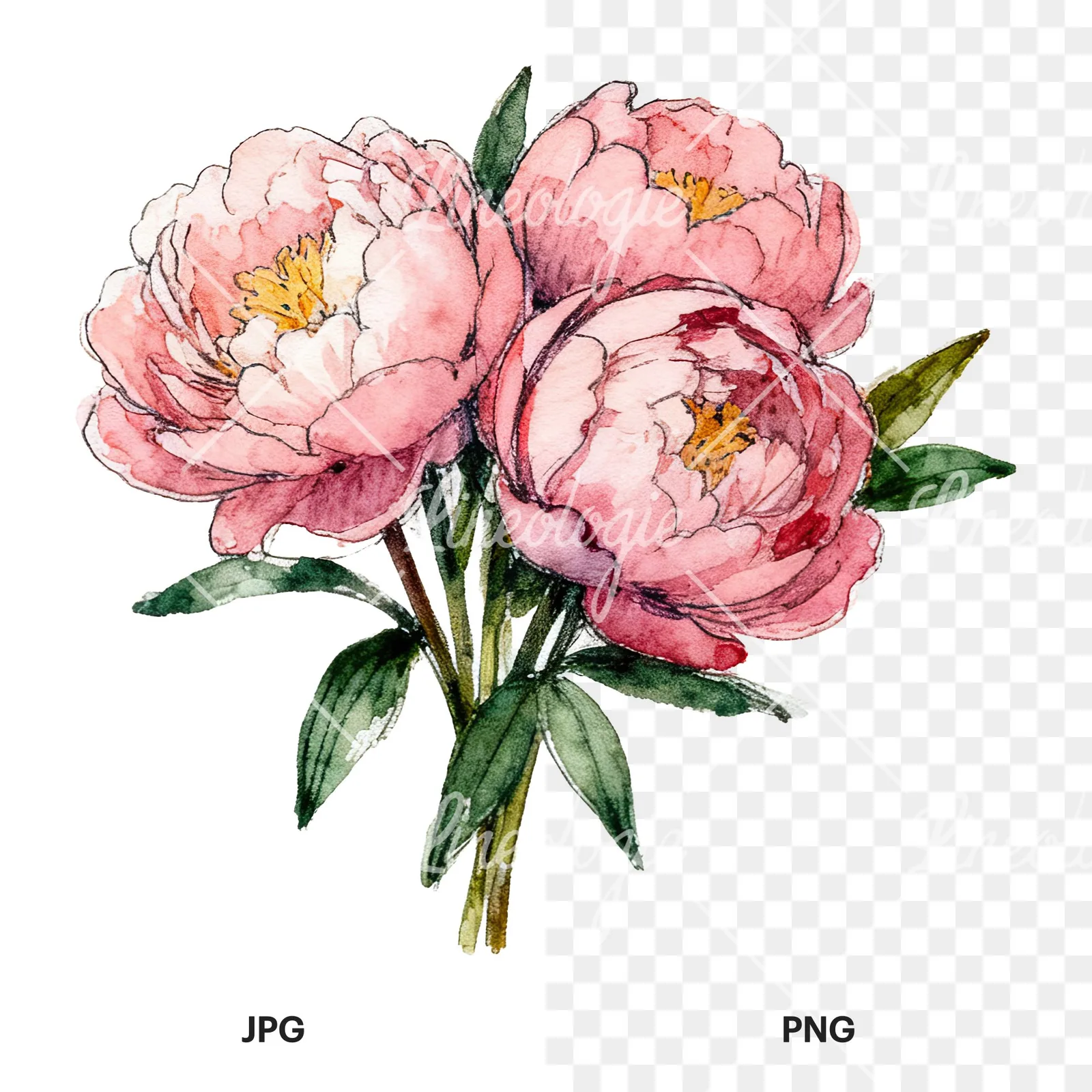Watercolor pink and red peony bouquet clipart 2 of 12, as a JPG on white and a transparent PNG
