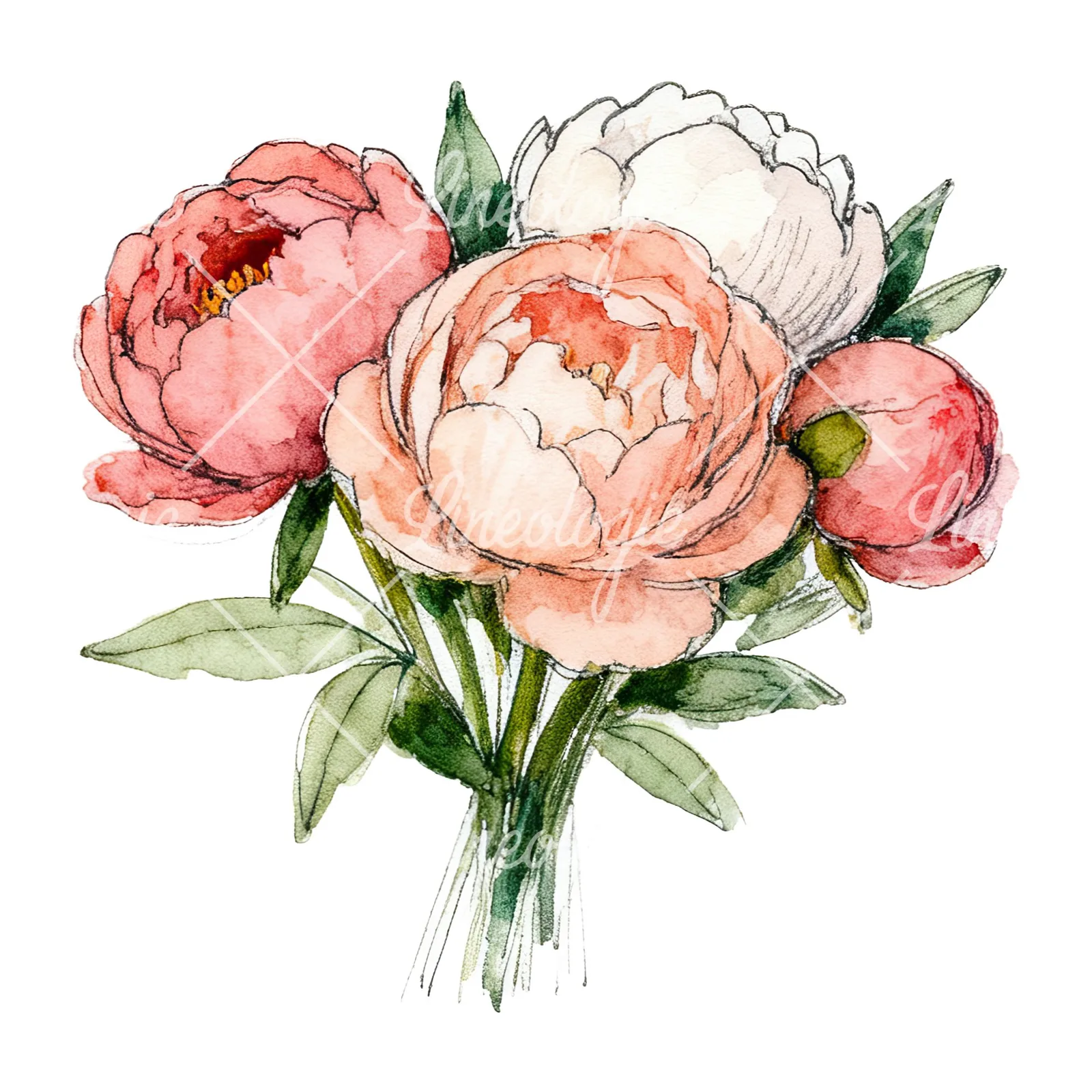 Watercolor pink and red peony bouquet clipart 3 of 12 on a white background (JPG)