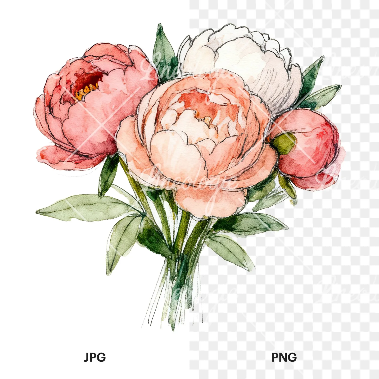 Watercolor pink and red peony bouquet clipart 3 of 12, as a JPG on white and a transparent PNG