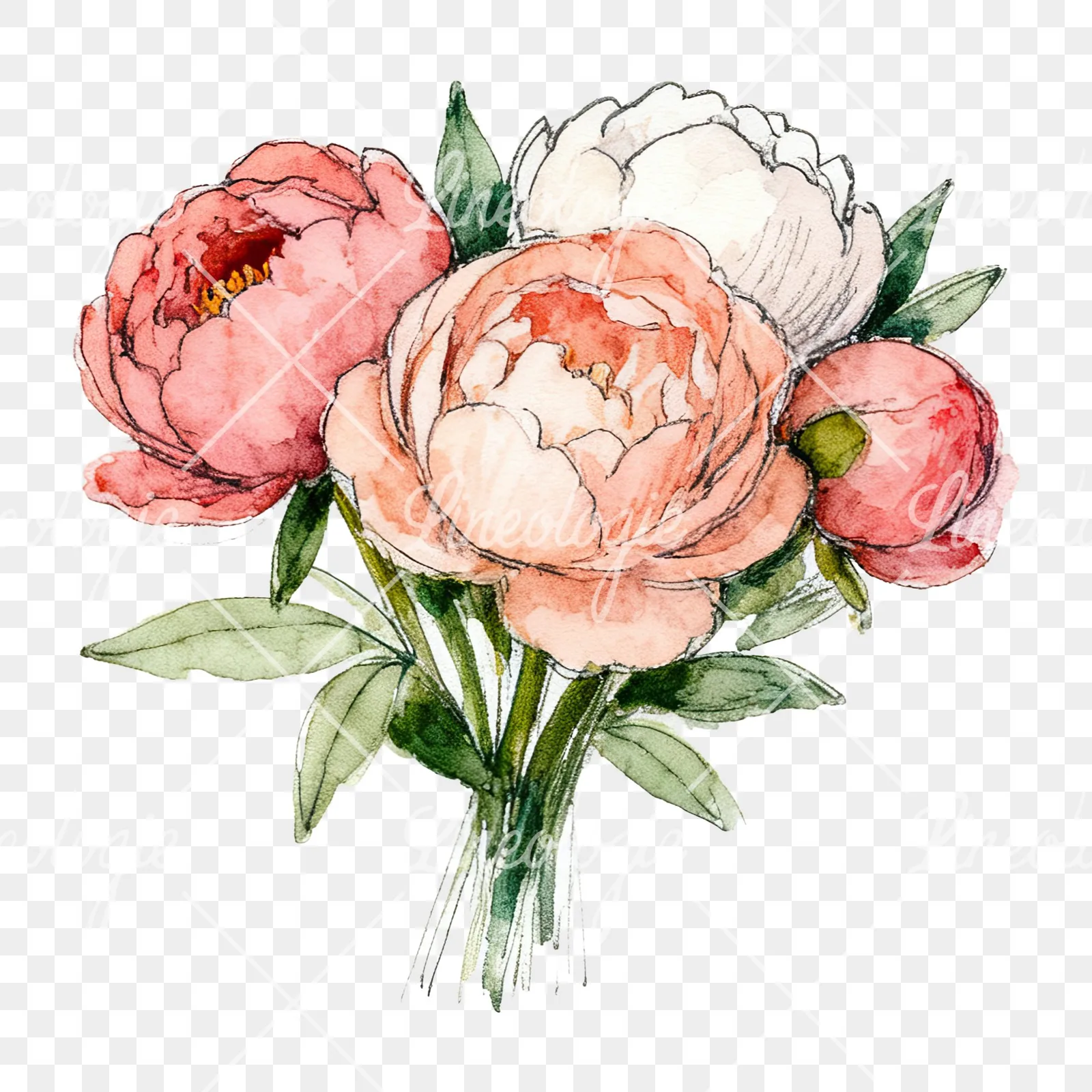 Watercolor pink and red peony bouquet clipart 3 of 12 on a transparent background (PNG)