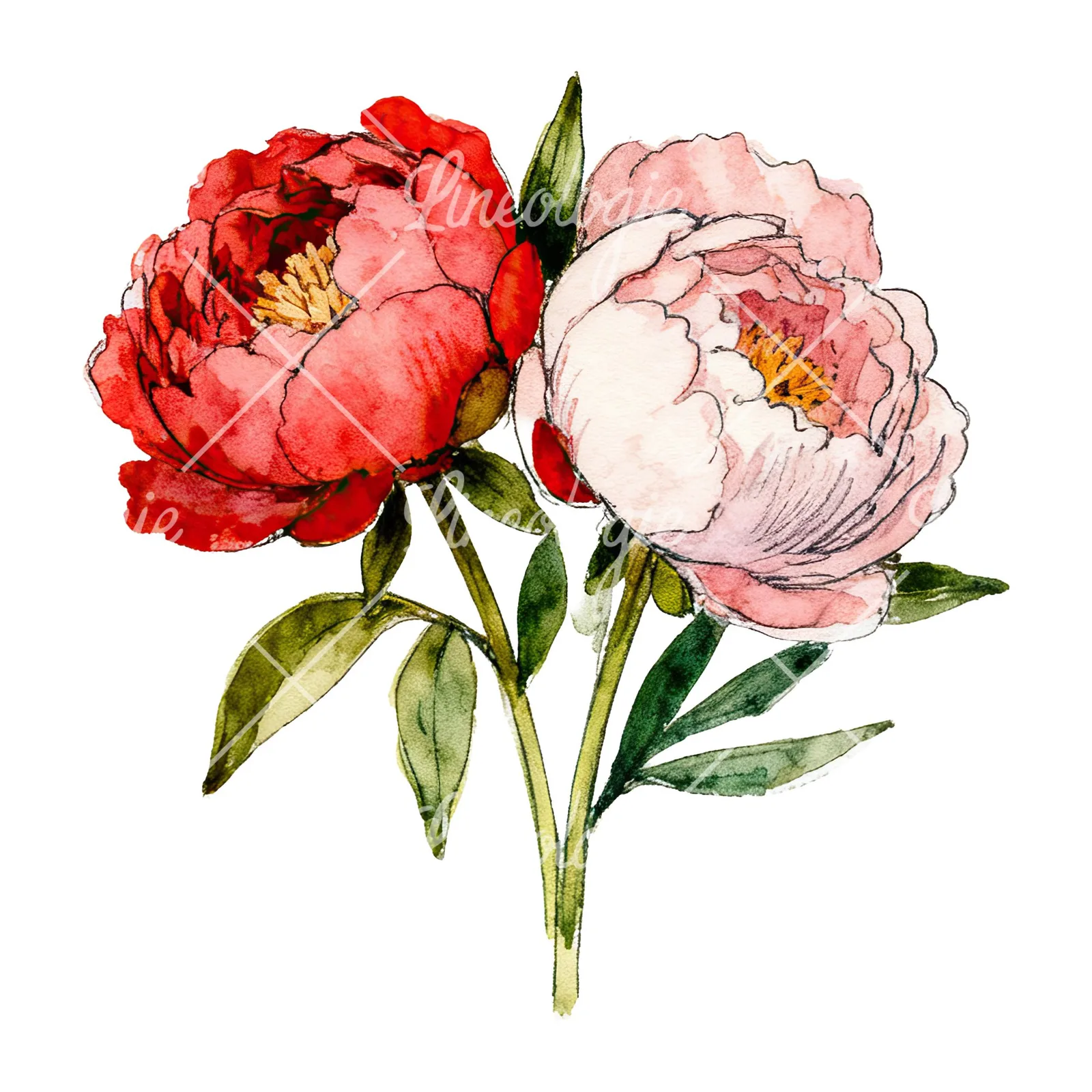 Watercolor pink and red peony bouquet clipart 4 of 12 on a white background (JPG)