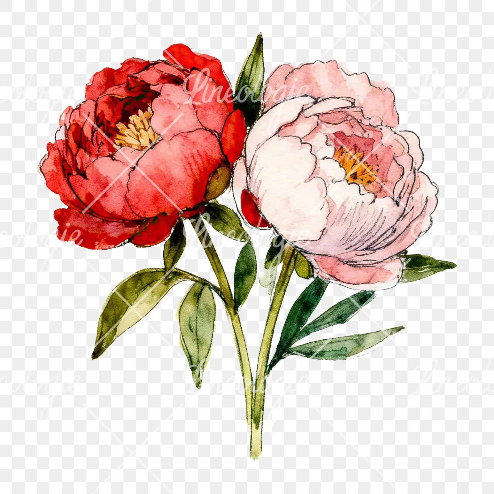 Watercolor pink and red peony bouquet clipart 4 of 12 on a transparent background (PNG)