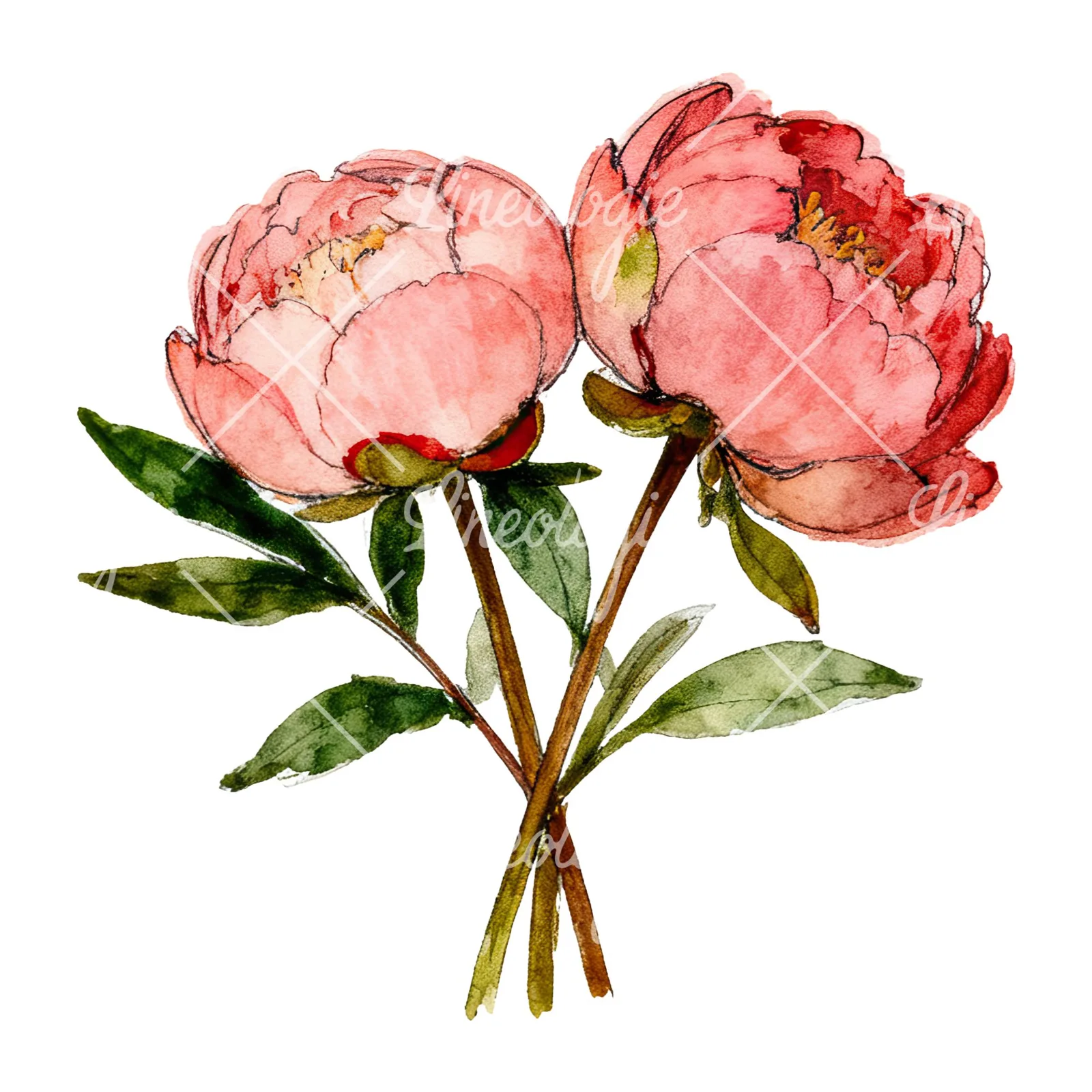 Watercolor pink and red peony bouquet clipart 5 of 12 on a white background (JPG)