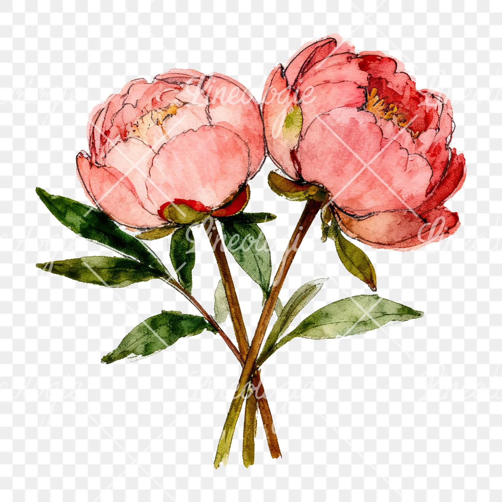 Watercolor pink and red peony bouquet clipart 5 of 12 on a transparent background (PNG)
