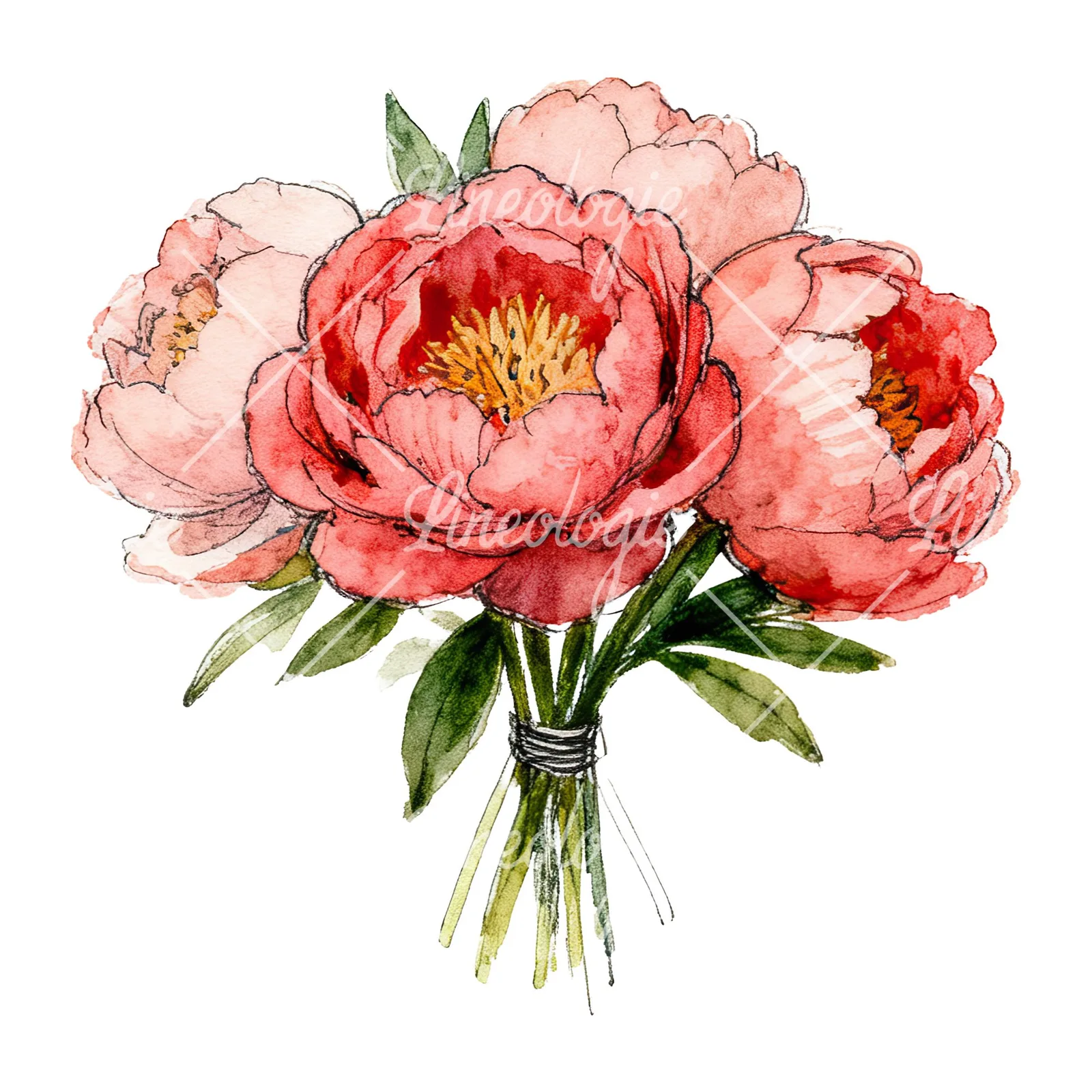 Watercolor pink and red peony bouquet clipart 6 of 12 on a white background (JPG)