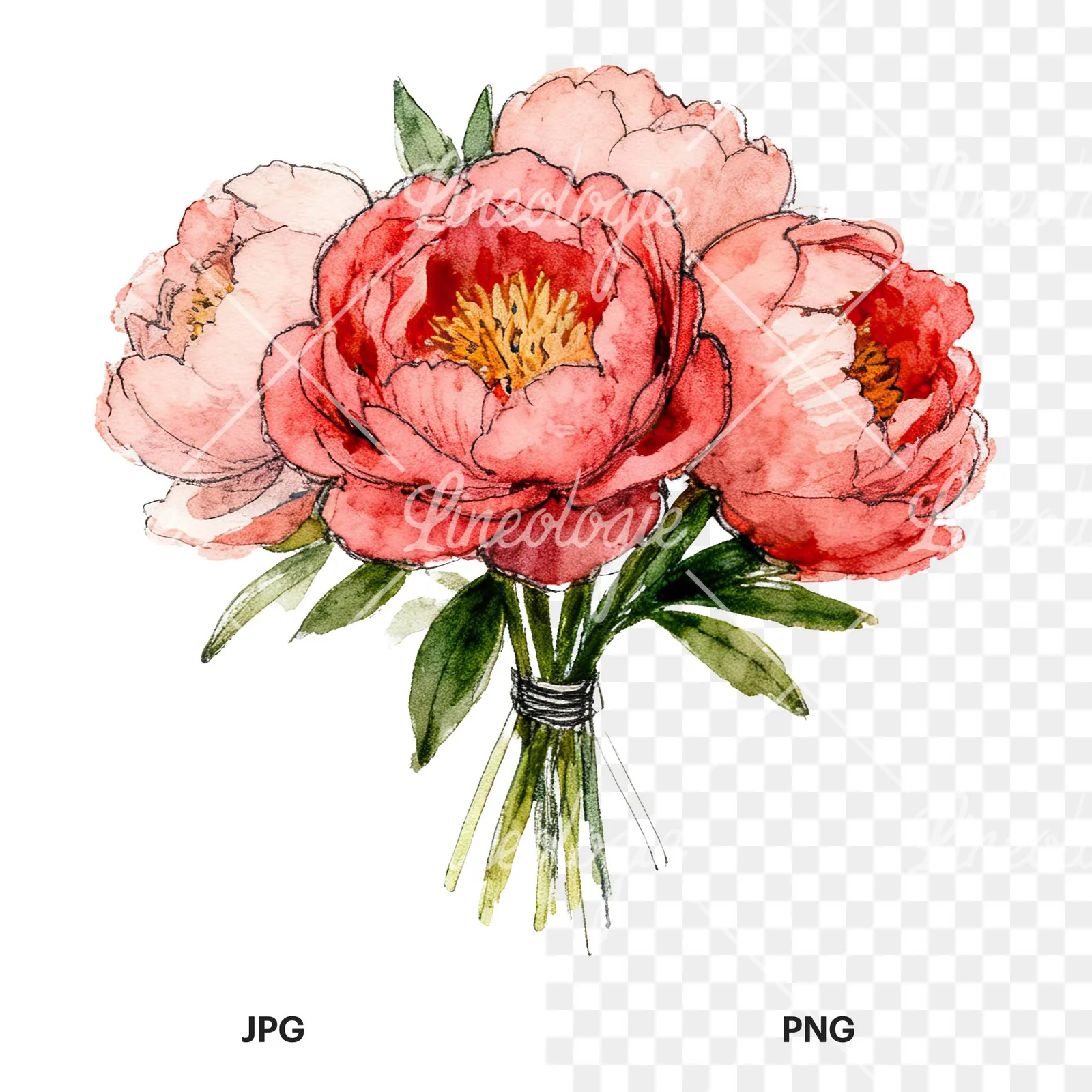 Watercolor pink and red peony bouquet clipart 6 of 12, as a JPG on white and a transparent PNG