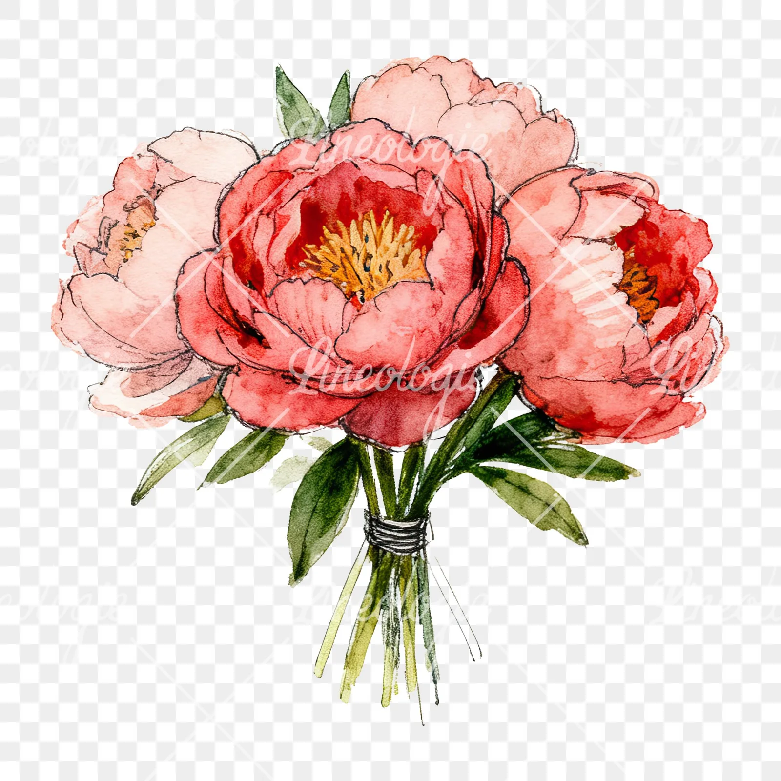 Watercolor pink and red peony bouquet clipart 6 of 12 on a transparent background (PNG)
