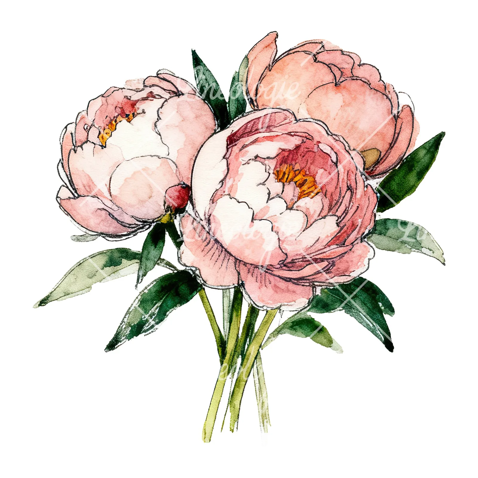 Watercolor pink and red peony bouquet clipart 7 of 12 on a white background (JPG)