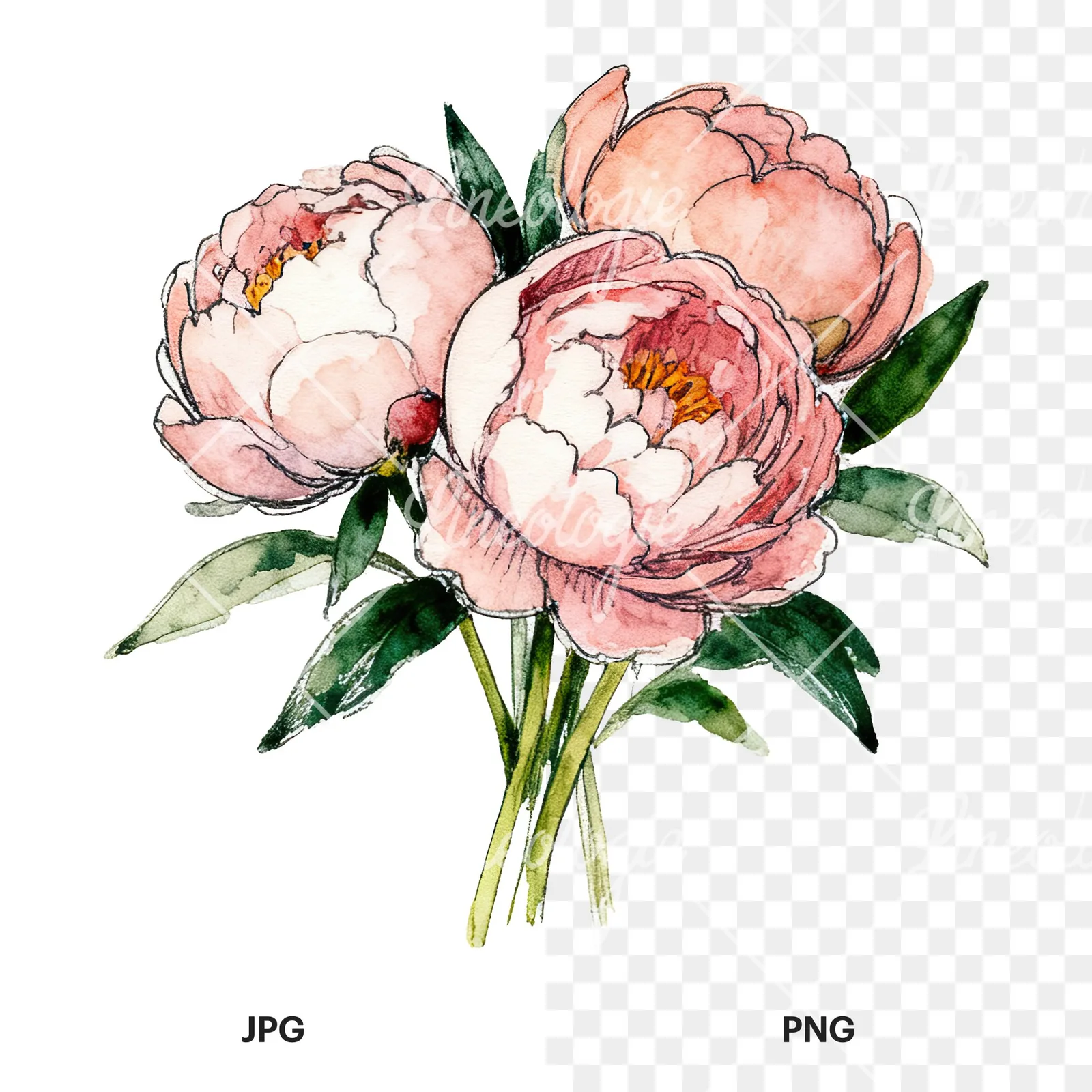 Watercolor pink and red peony bouquet clipart 7 of 12, as a JPG on white and a transparent PNG
