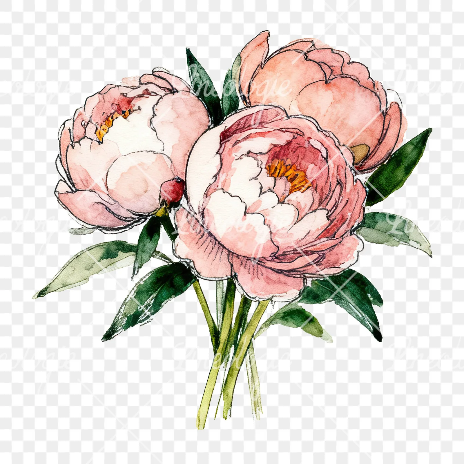 Watercolor pink and red peony bouquet clipart 7 of 12 on a transparent background (PNG)