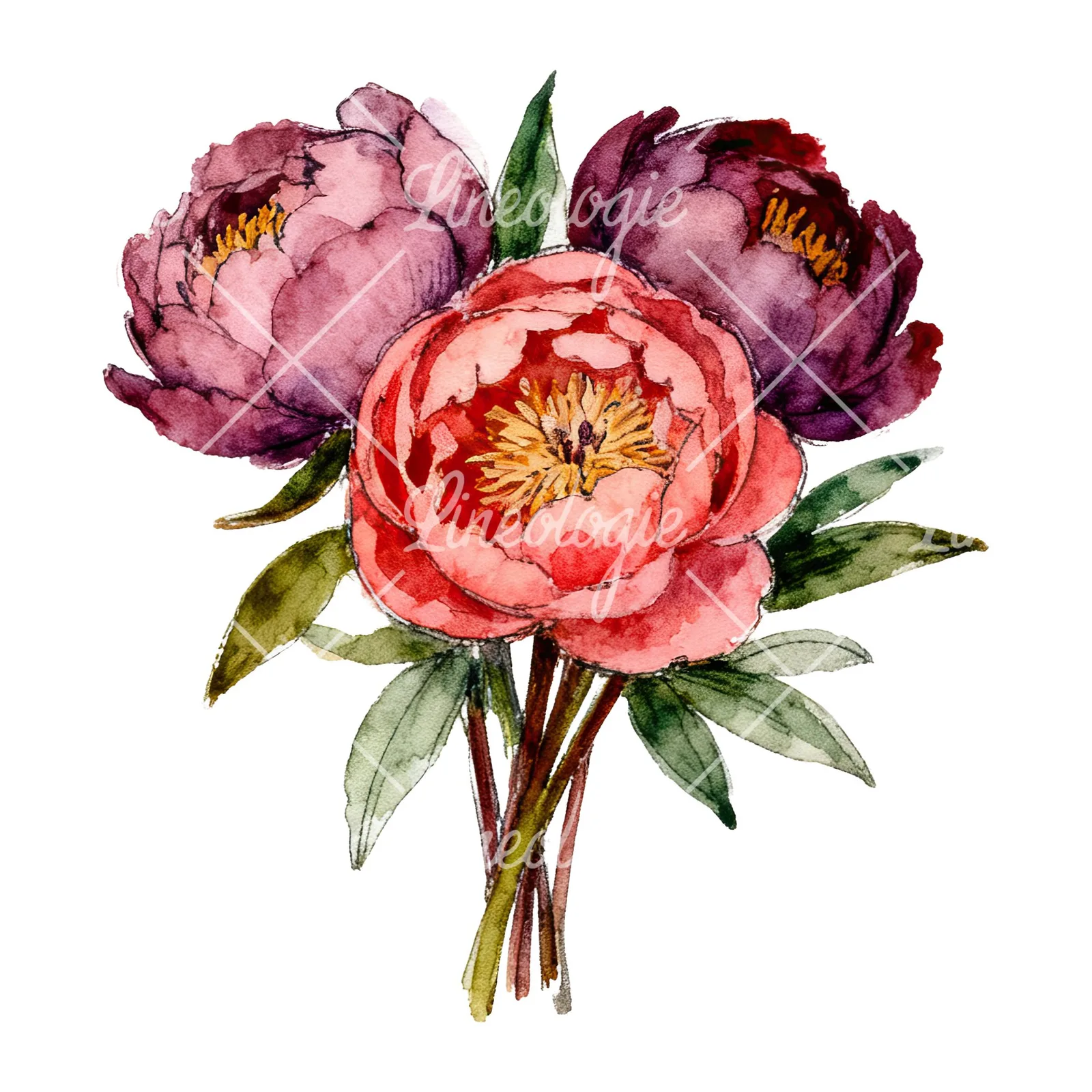 Watercolor pink and red peony bouquet clipart 8 of 12 on a white background (JPG)