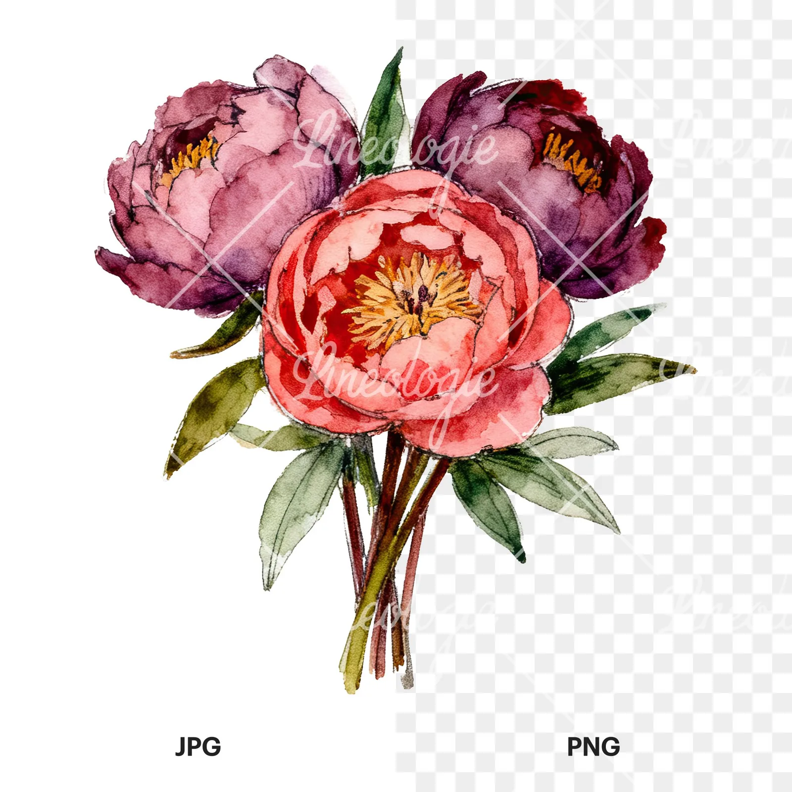 Watercolor pink and red peony bouquet clipart 8 of 12, as a JPG on white and a transparent PNG