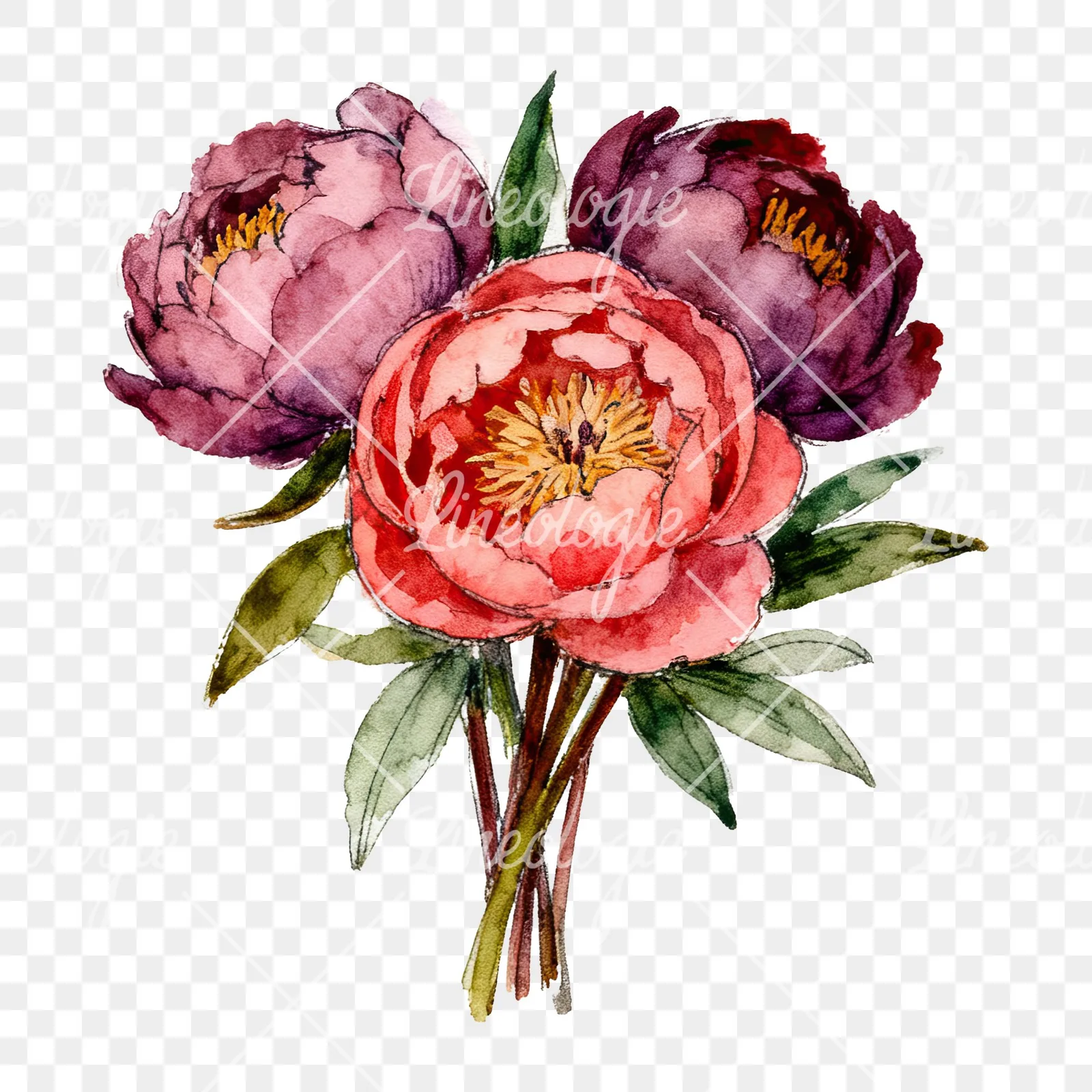 Watercolor pink and red peony bouquet clipart 8 of 12 on a transparent background (PNG)