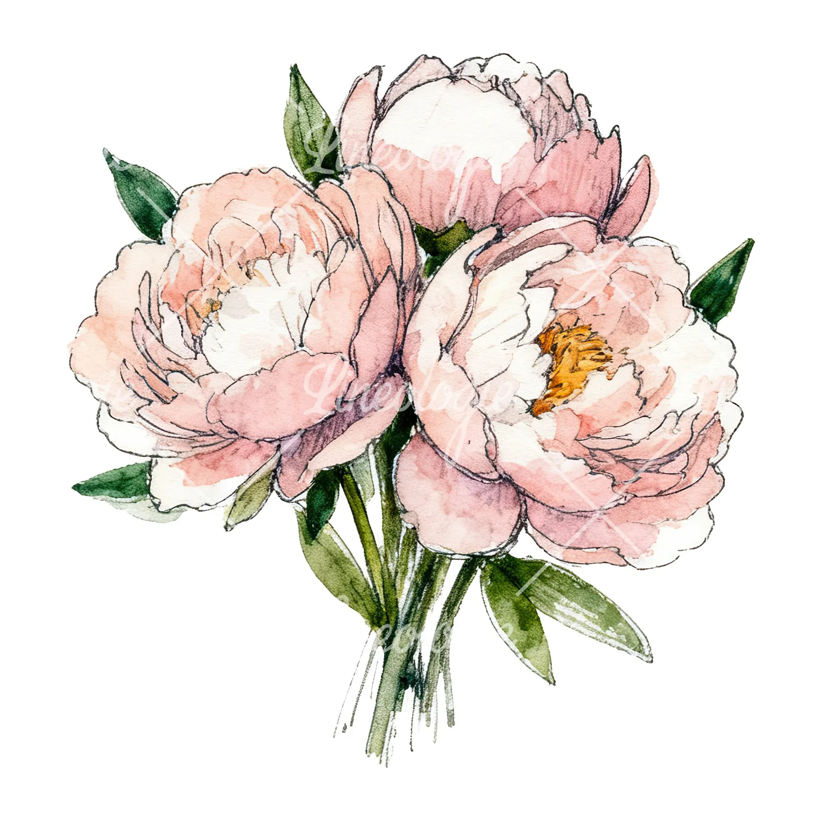 Watercolor pink and red peony bouquet clipart 9 of 12 on a white background (JPG)