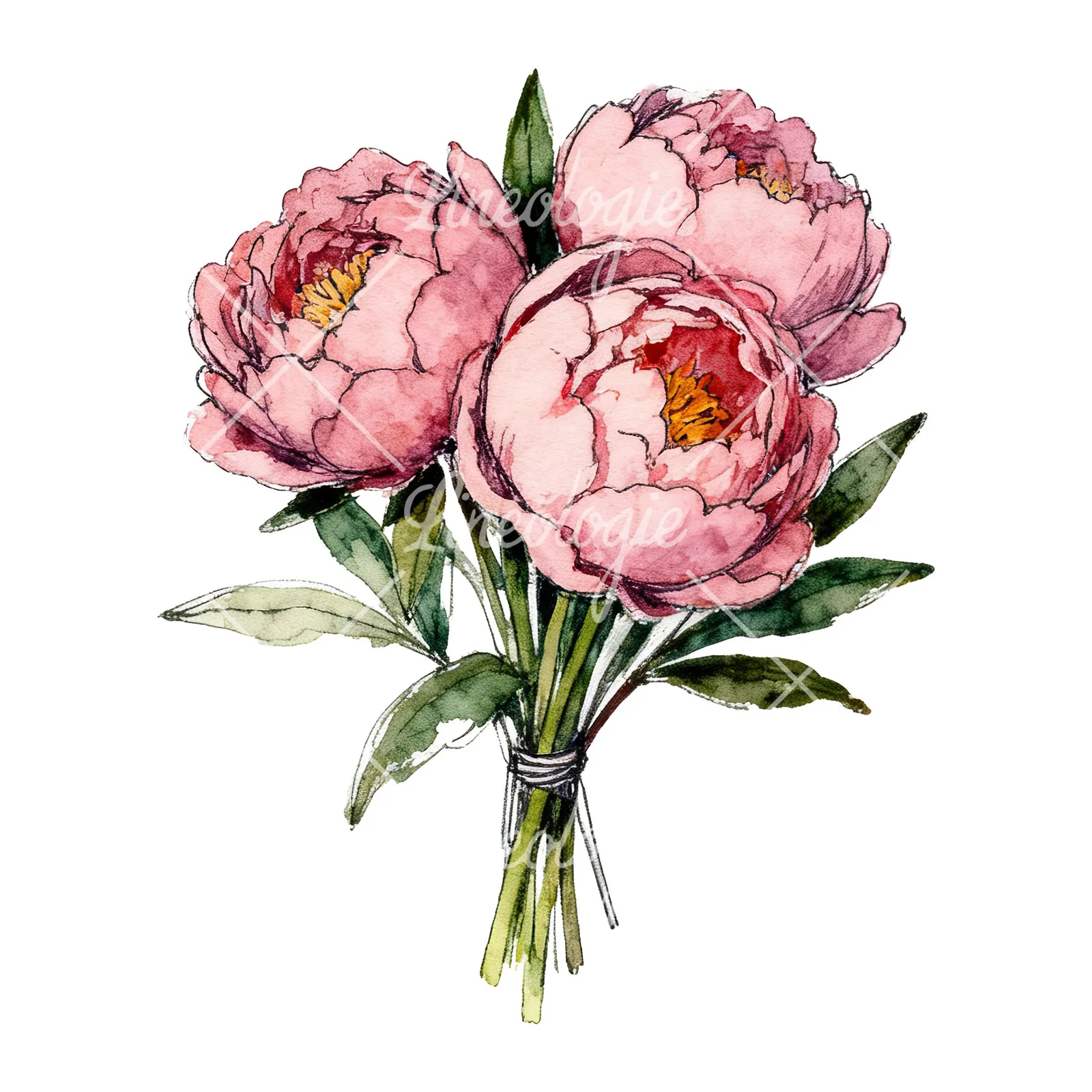 Watercolor pink and red peony bouquet clipart 10 of 12 on a white background (JPG)