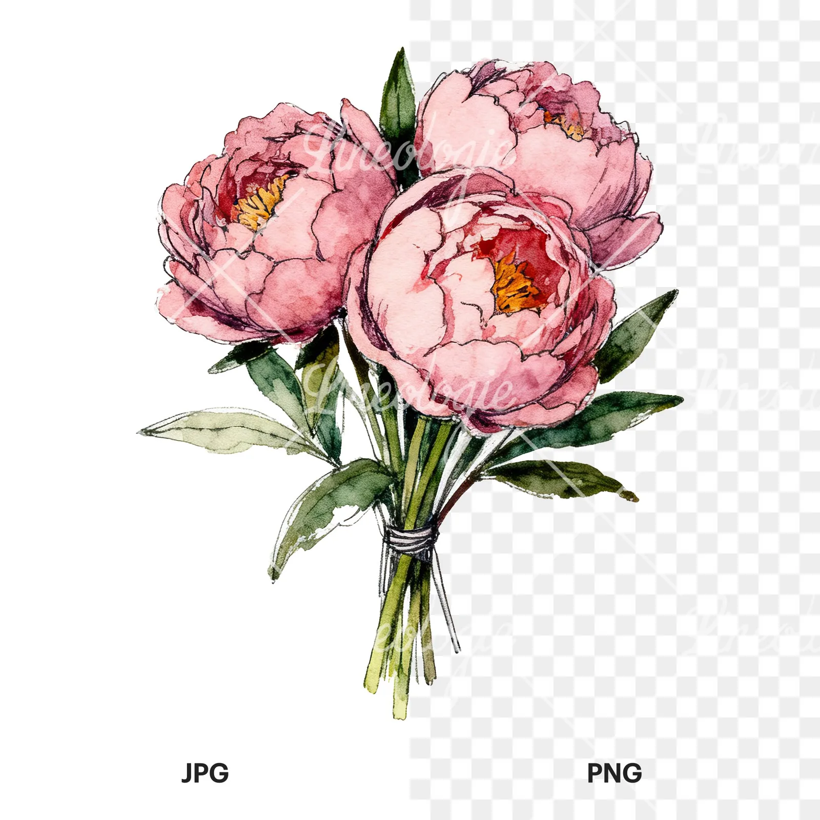 Watercolor pink and red peony bouquet clipart 10 of 12, as a JPG on white and a transparent PNG