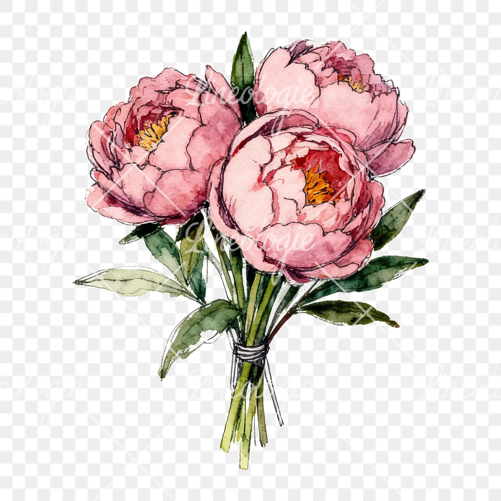 Watercolor pink and red peony bouquet clipart 10 of 12 on a transparent background (PNG)