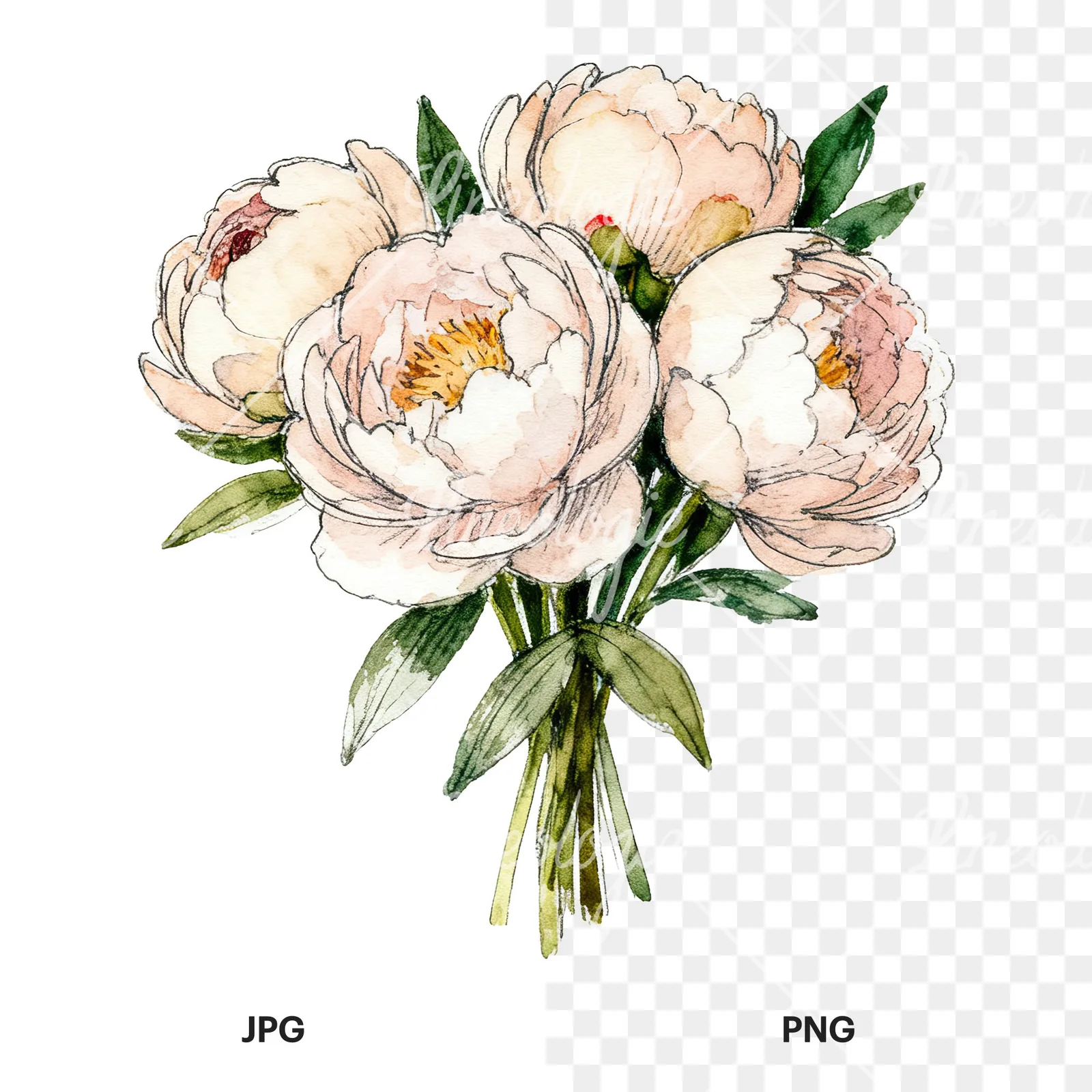 Watercolor pink and red peony bouquet clipart 11 of 12, as a JPG on white and a transparent PNG
