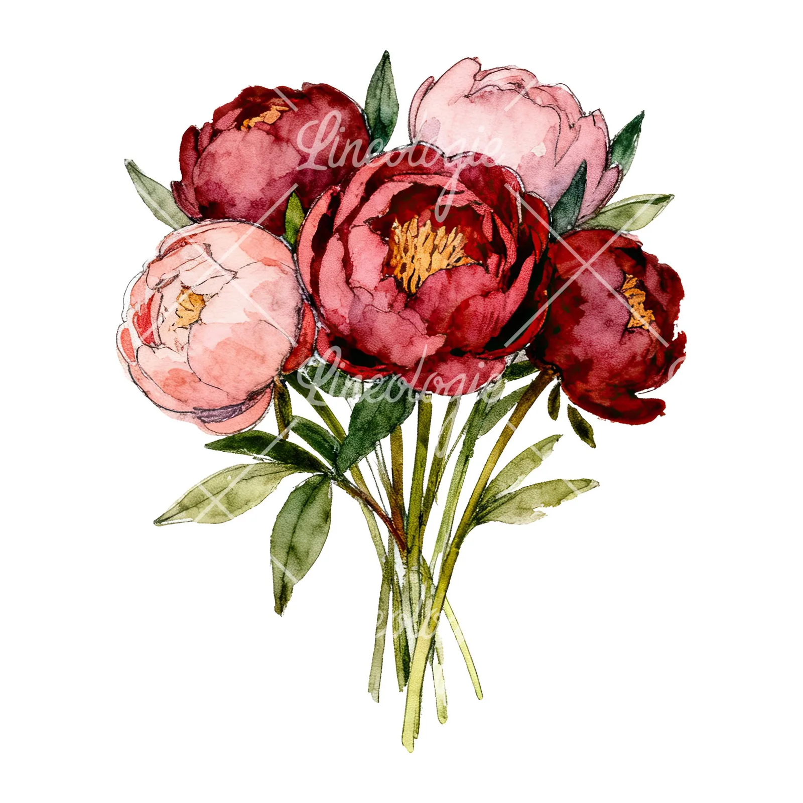 Watercolor pink and red peony bouquet clipart 12 of 12 on a white background (JPG)