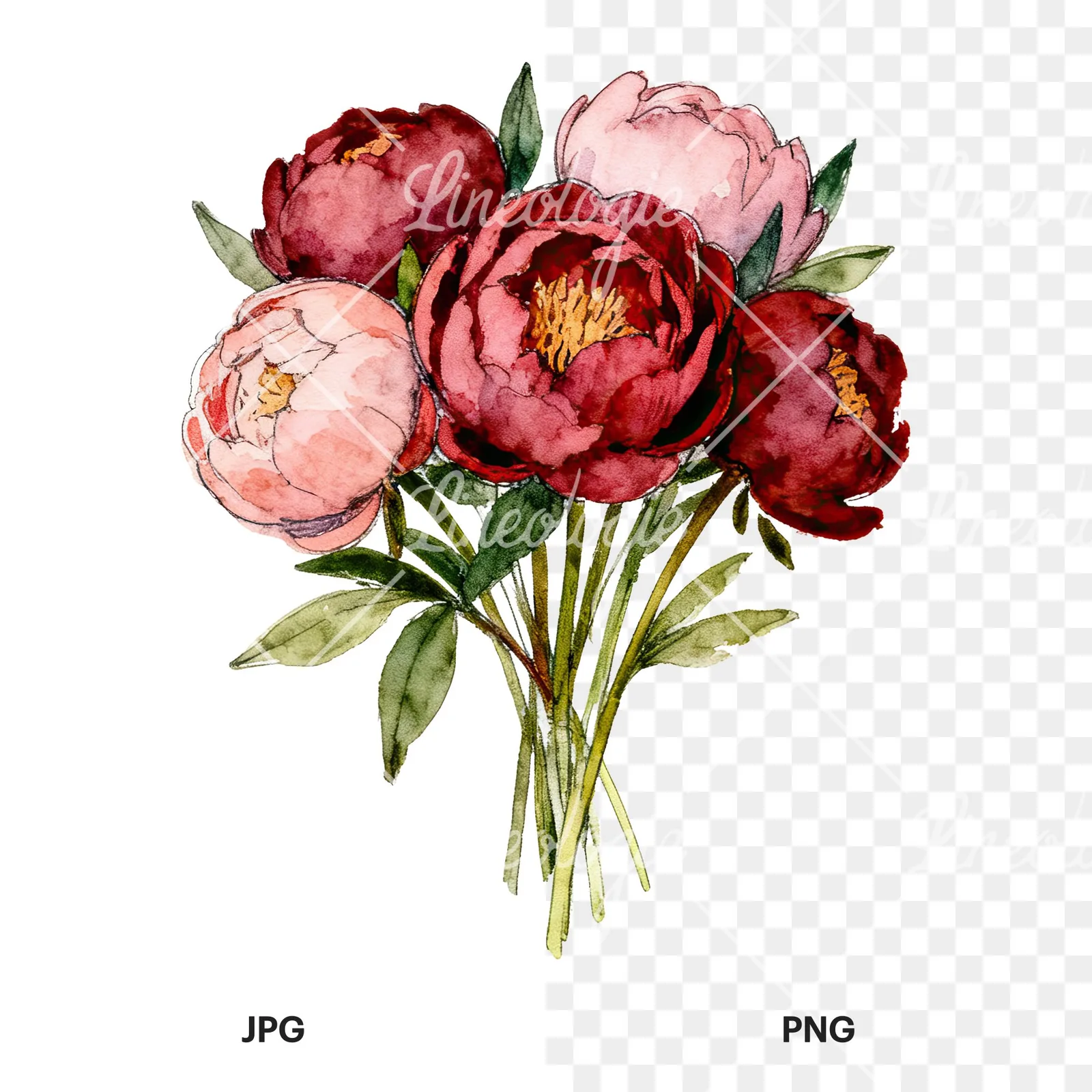 Watercolor pink and red peony bouquet clipart 12 of 12, as a JPG on white and a transparent PNG