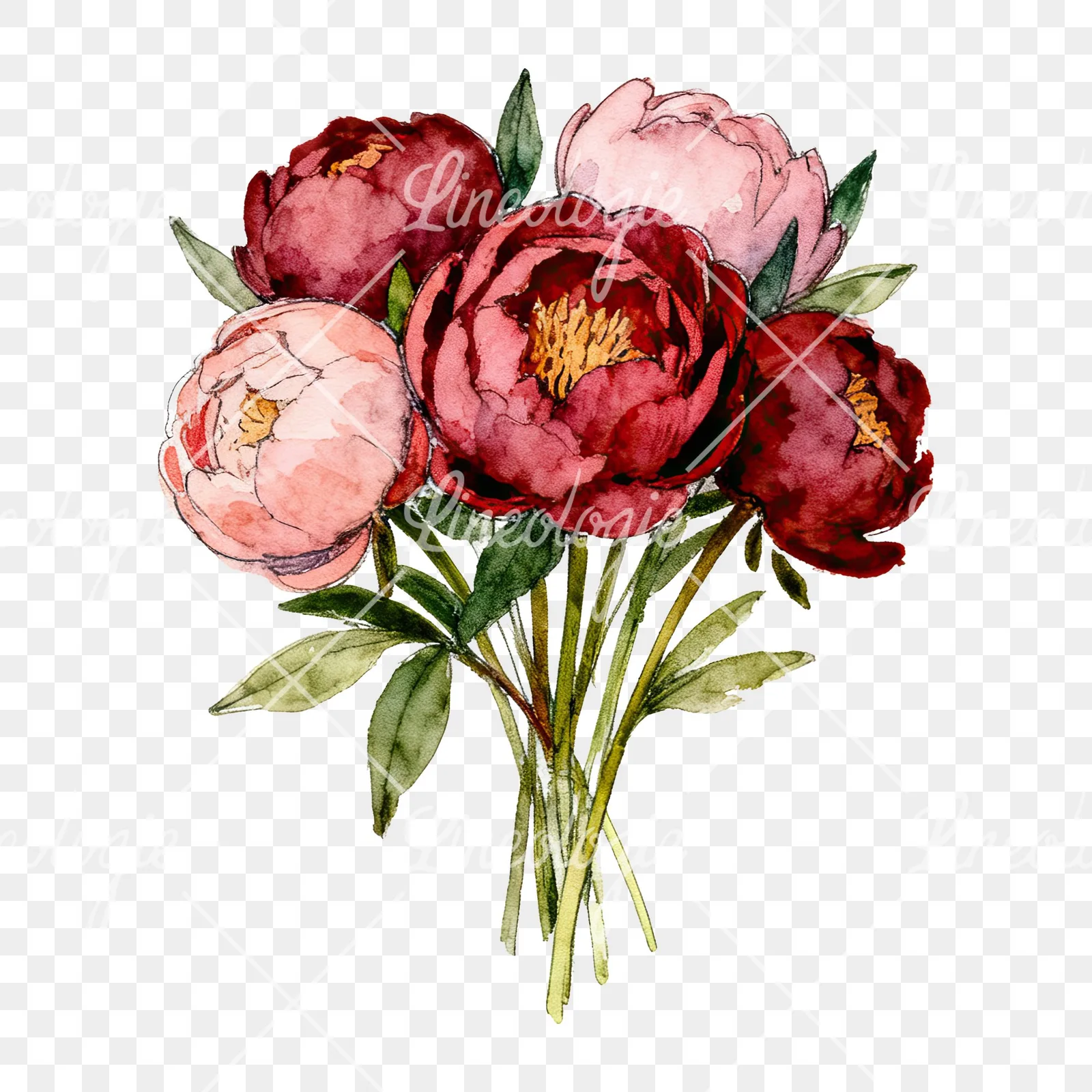 Watercolor pink and red peony bouquet clipart 12 of 12 on a transparent background (PNG)
