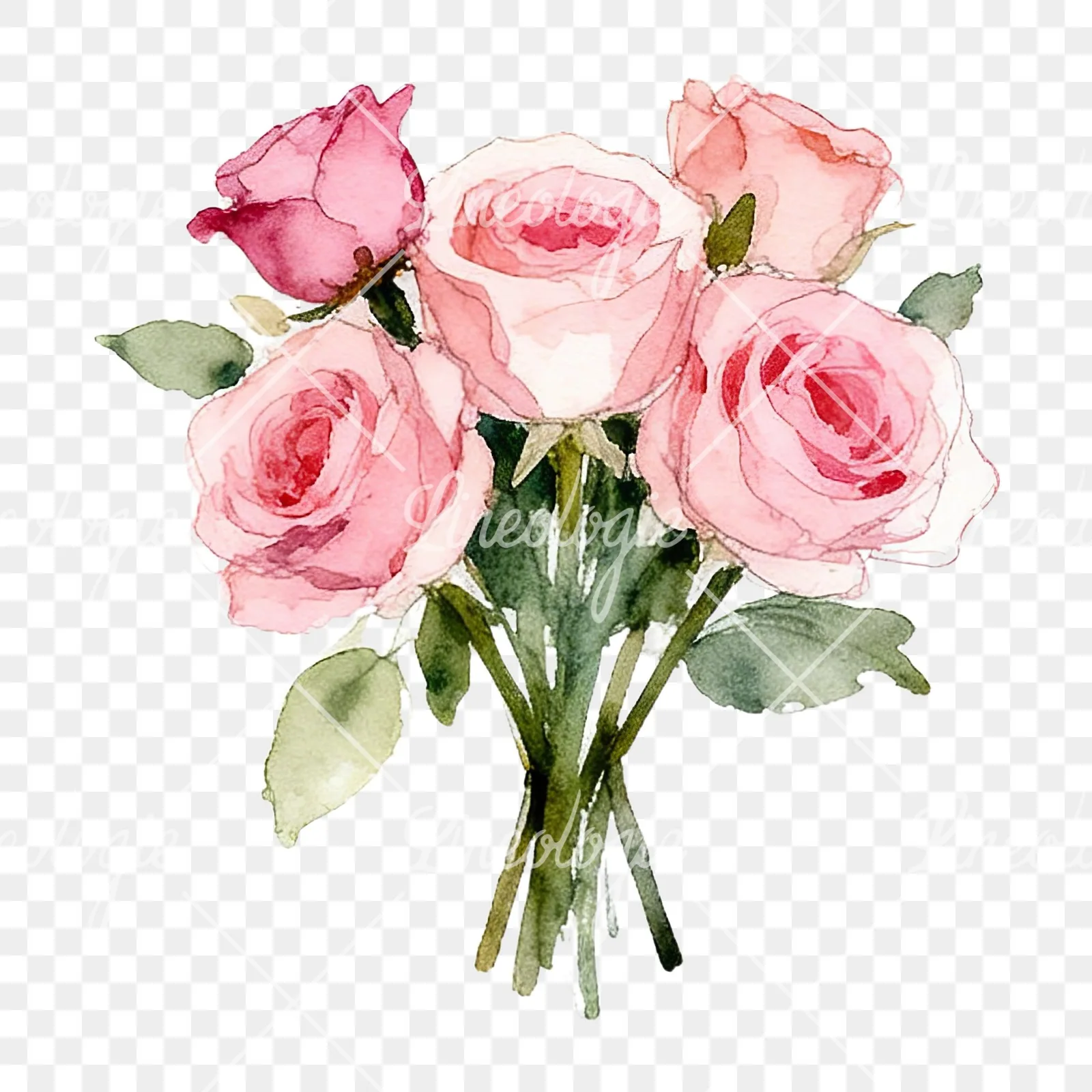 Watercolor pink rose bouquet with greenery clipart 1 of 12 on a transparent background (PNG)