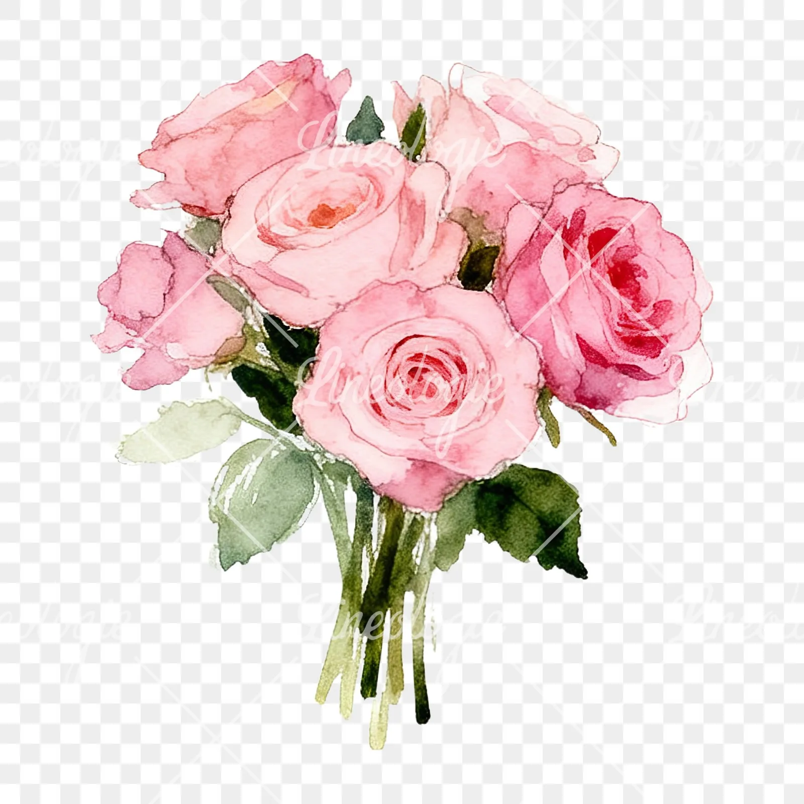 Watercolor pink rose bouquet with greenery clipart 2 of 12 on a transparent background (PNG)
